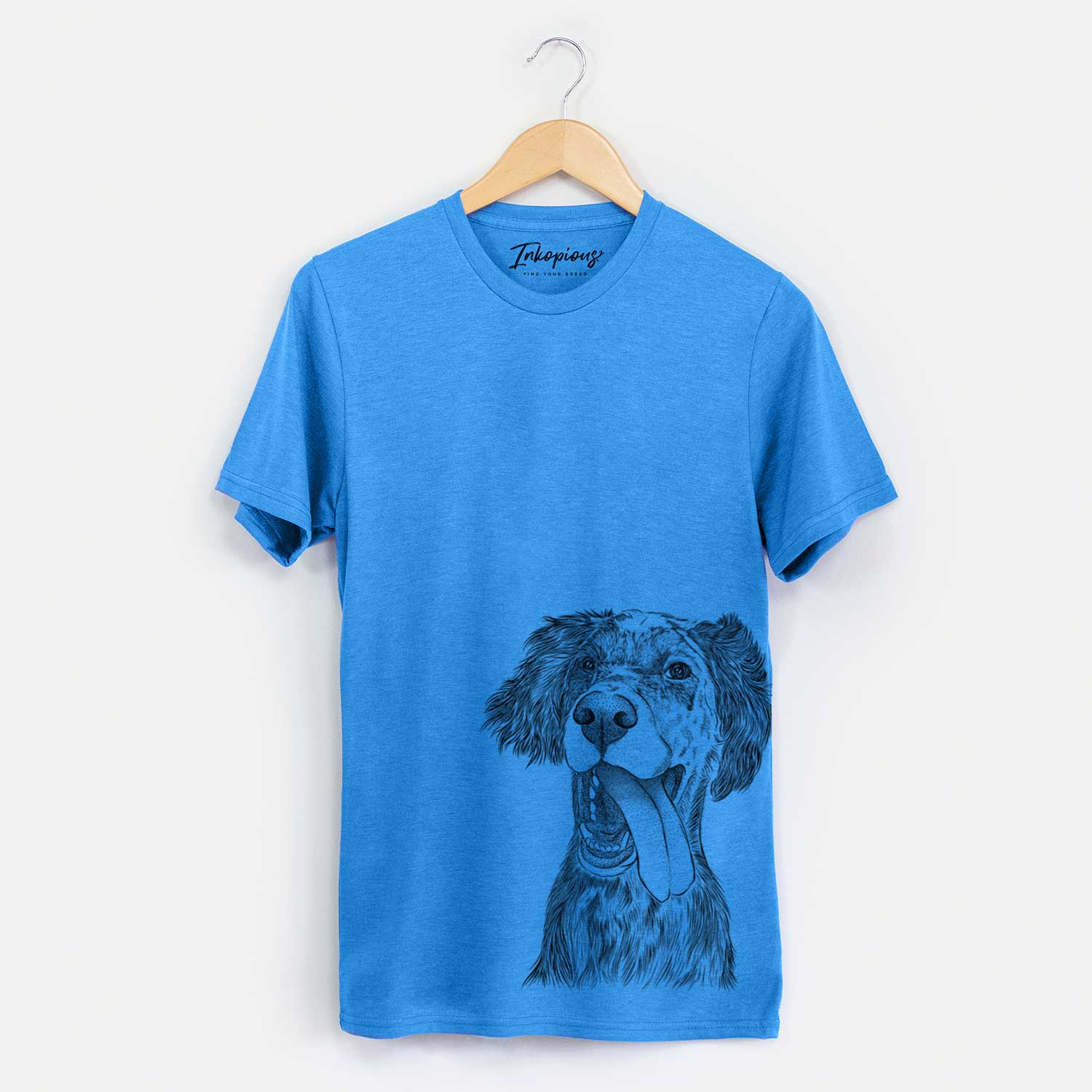 Hand-drawn sketch of Renly the English Setter on a Blue Unisex crewneck