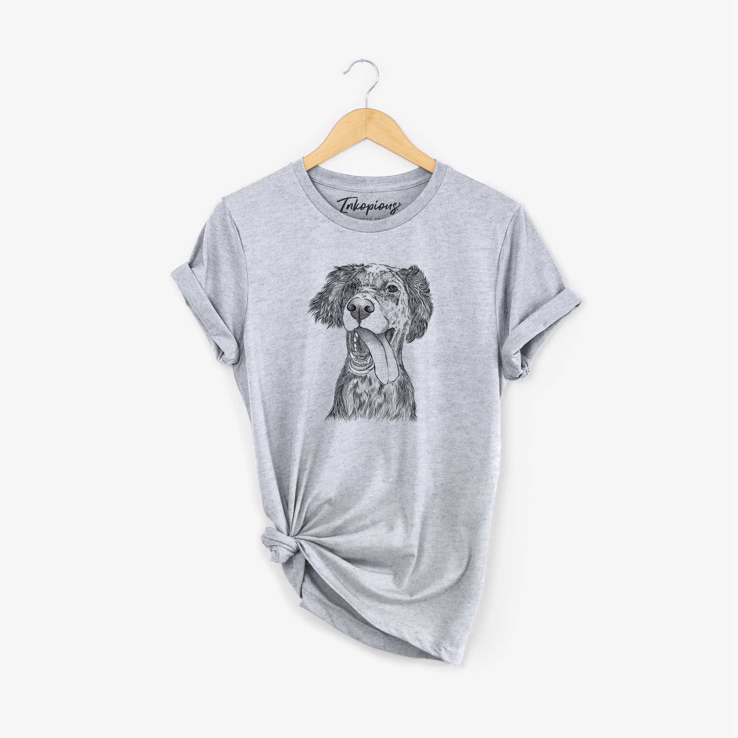 Hand-drawn sketch of Renly the English Setter on a Grey Unisex crewneck