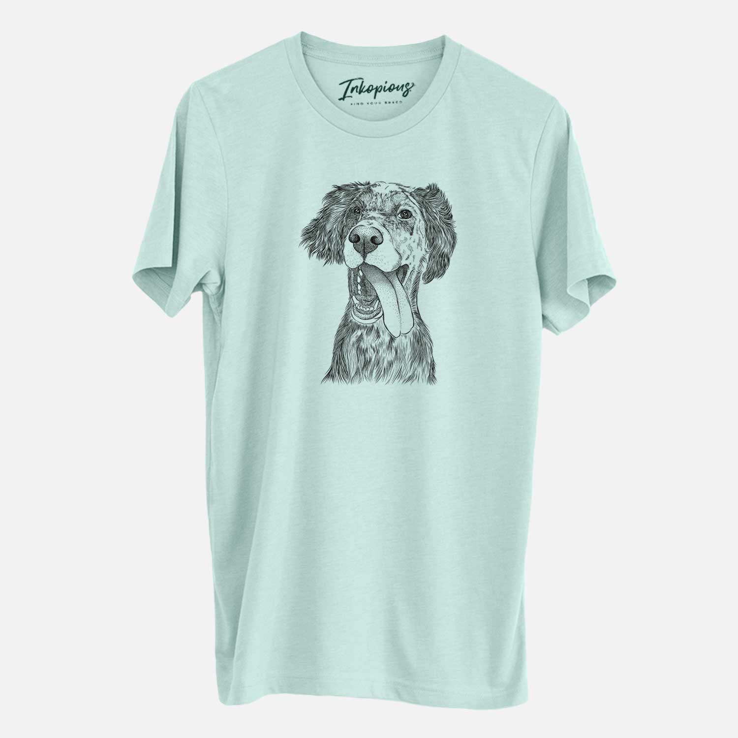 Hand-drawn sketch of Renly the English Setter on a Heather Sage Unisex crewneck