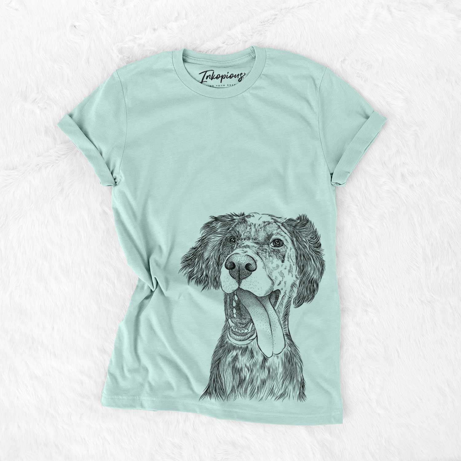 Hand-drawn sketch of Renly the English Setter on a Heather Sage Unisex crewneck