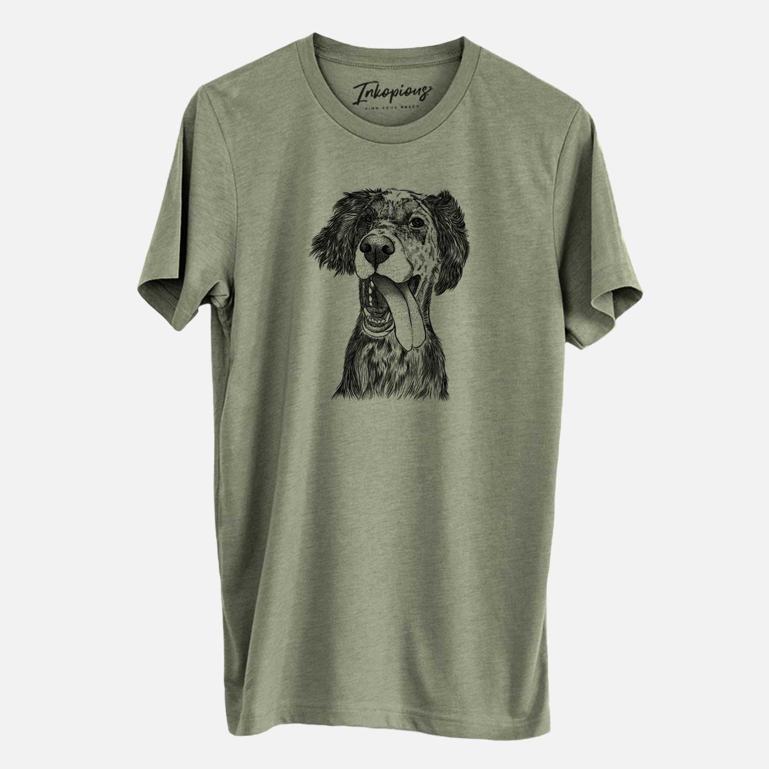 Hand-drawn sketch of Renly the English Setter on an Olive Unisex crewneck