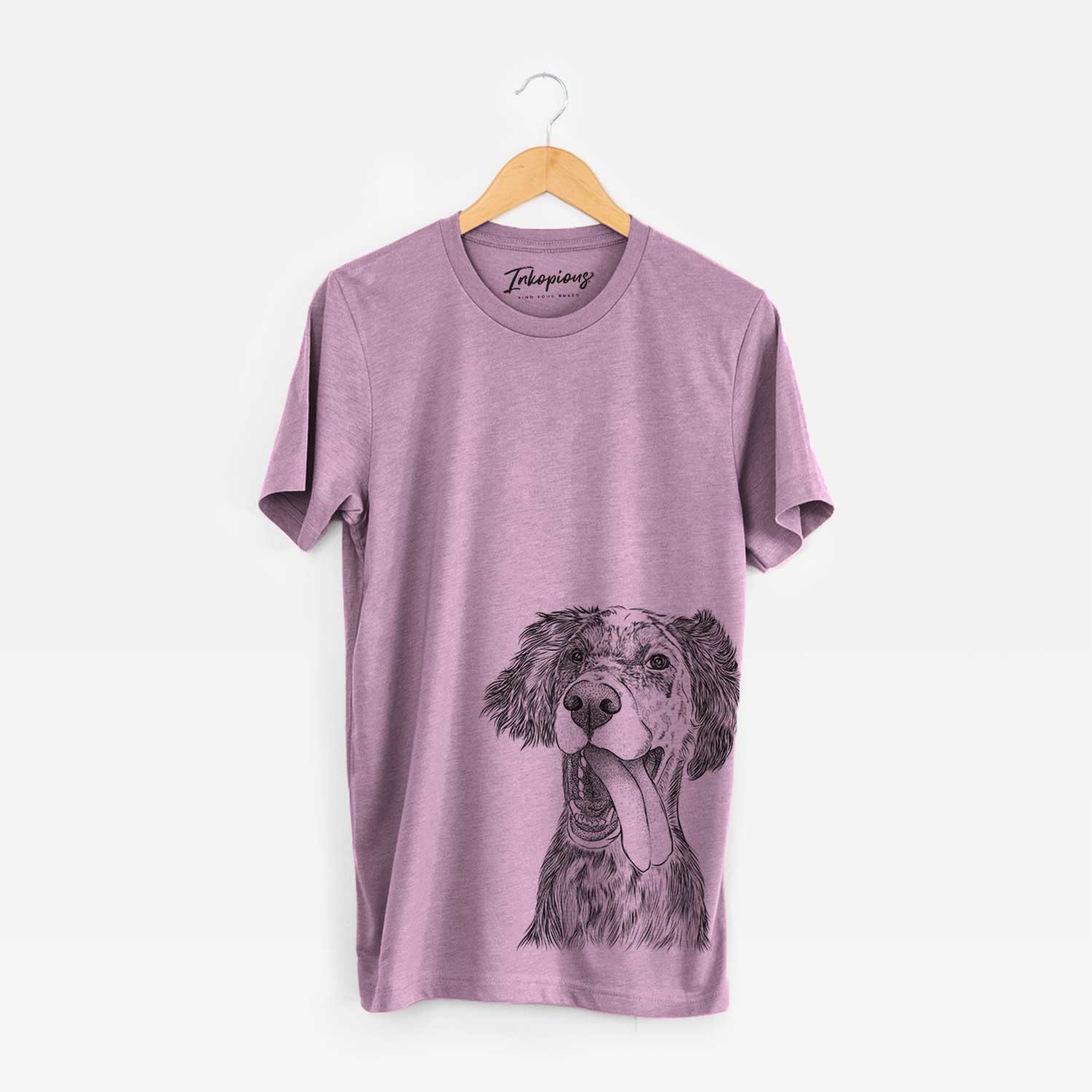 Hand-drawn sketch of Renly the English Setter on an Orchid Bella Canvas Unisex Crewneck