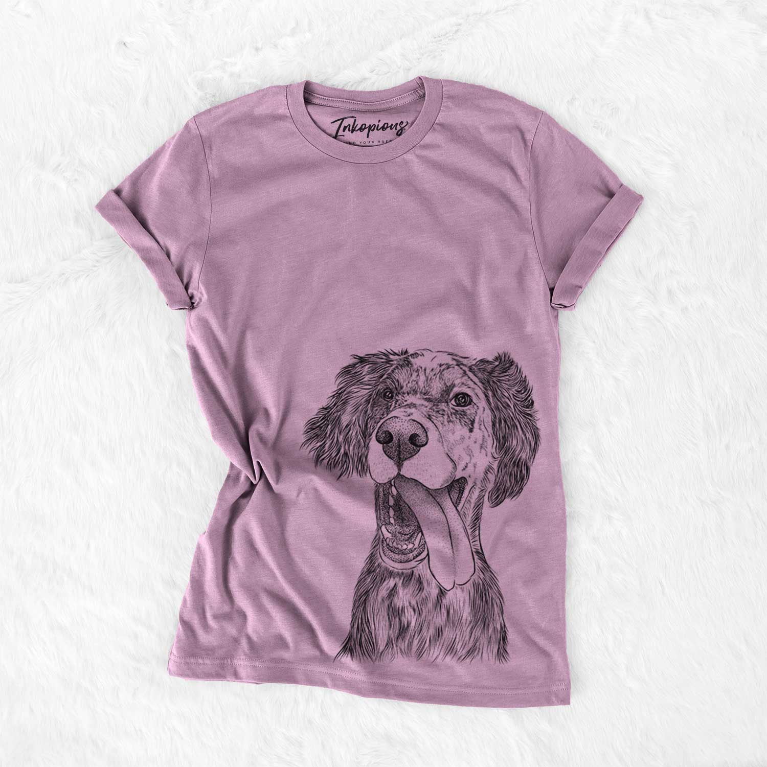Hand-drawn sketch of Renly the English Setter on an Orchid Bella Canvas Unisex Crewneck