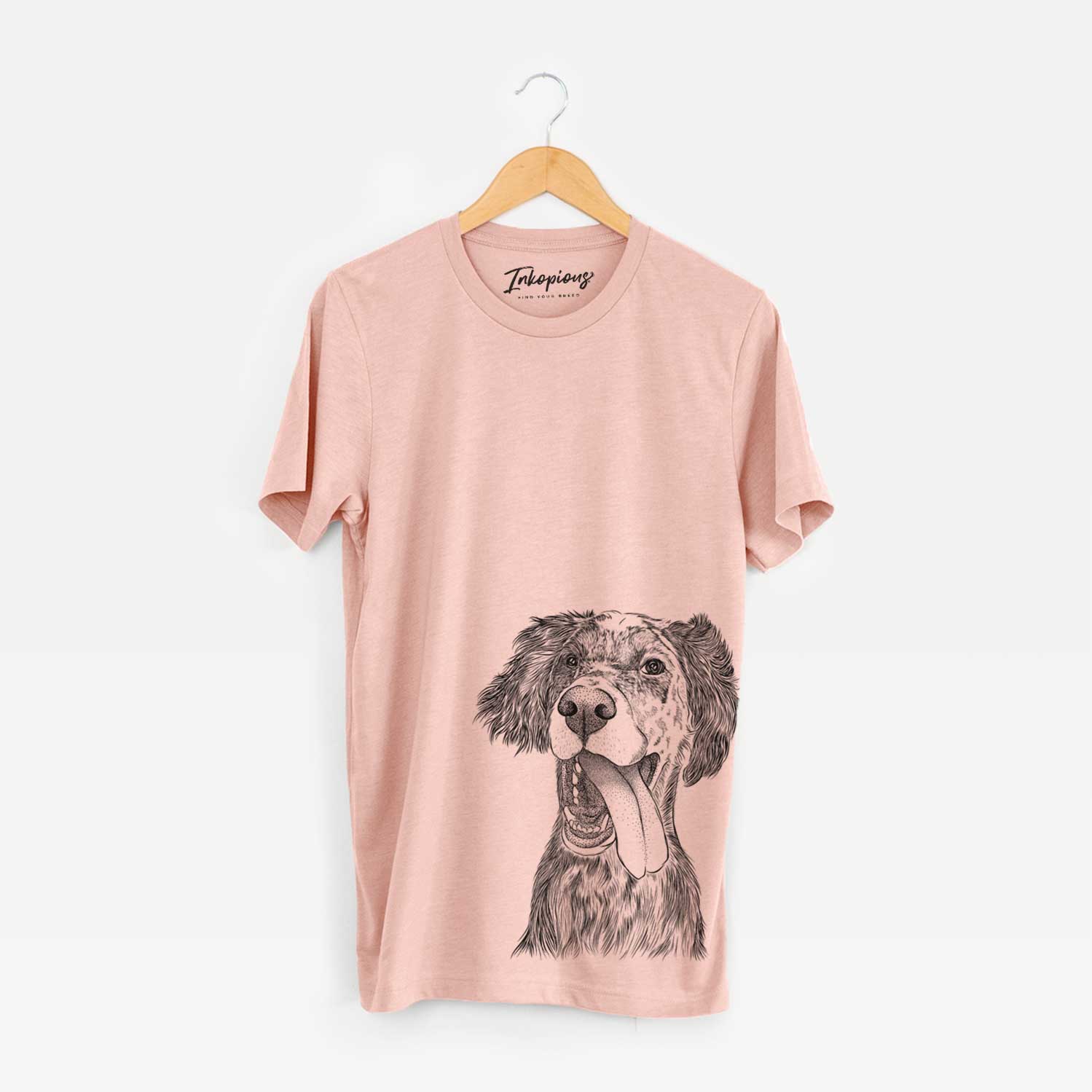 Hand-drawn sketch of Renly the English Setter on a Peach Unisex crewneck