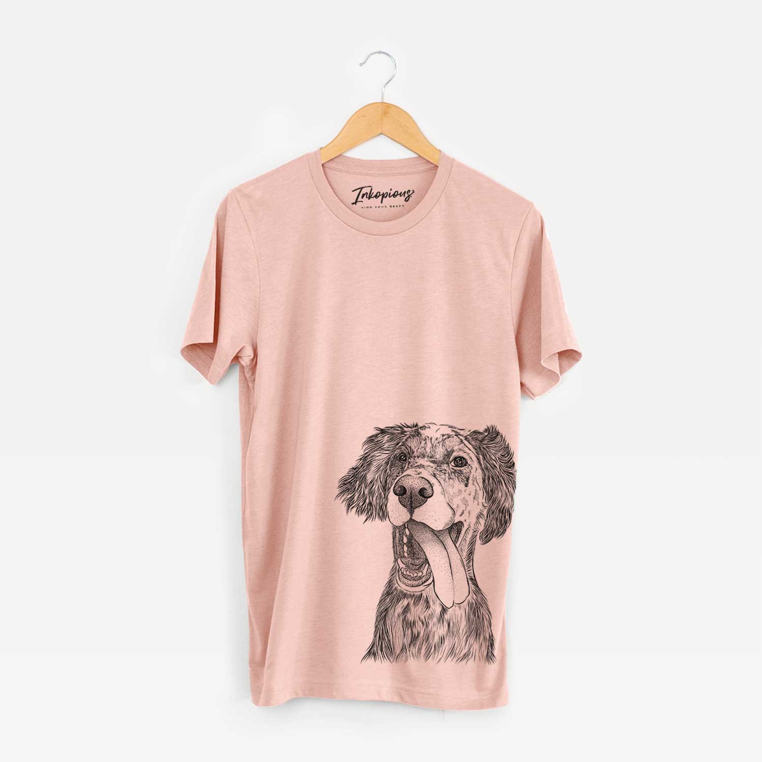 Hand-drawn sketch of Renly the English Setter on a Peach Bella Canvas Unisex Crewneck