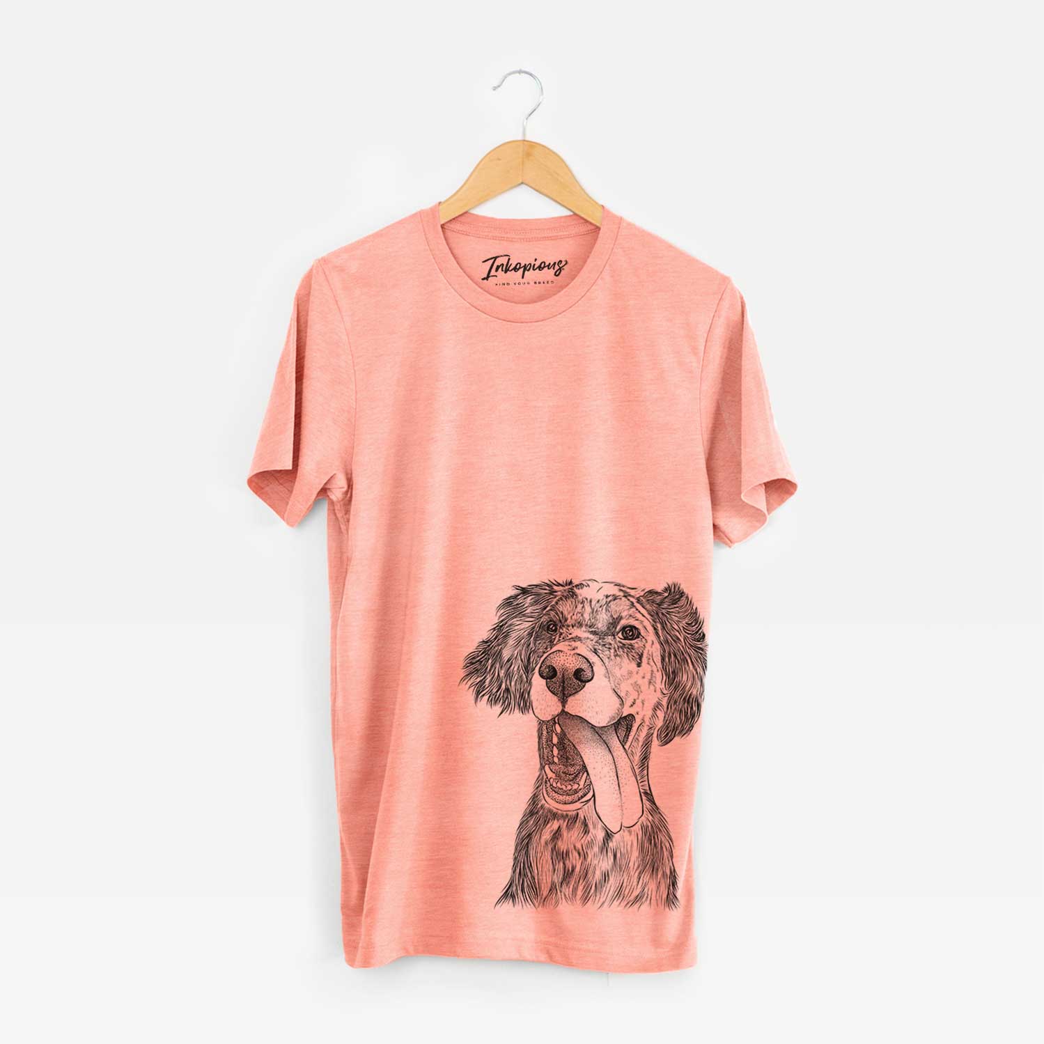 Hand-drawn sketch of Renly the English Setter on a Sunset Bella Canvas Unisex Crewneck