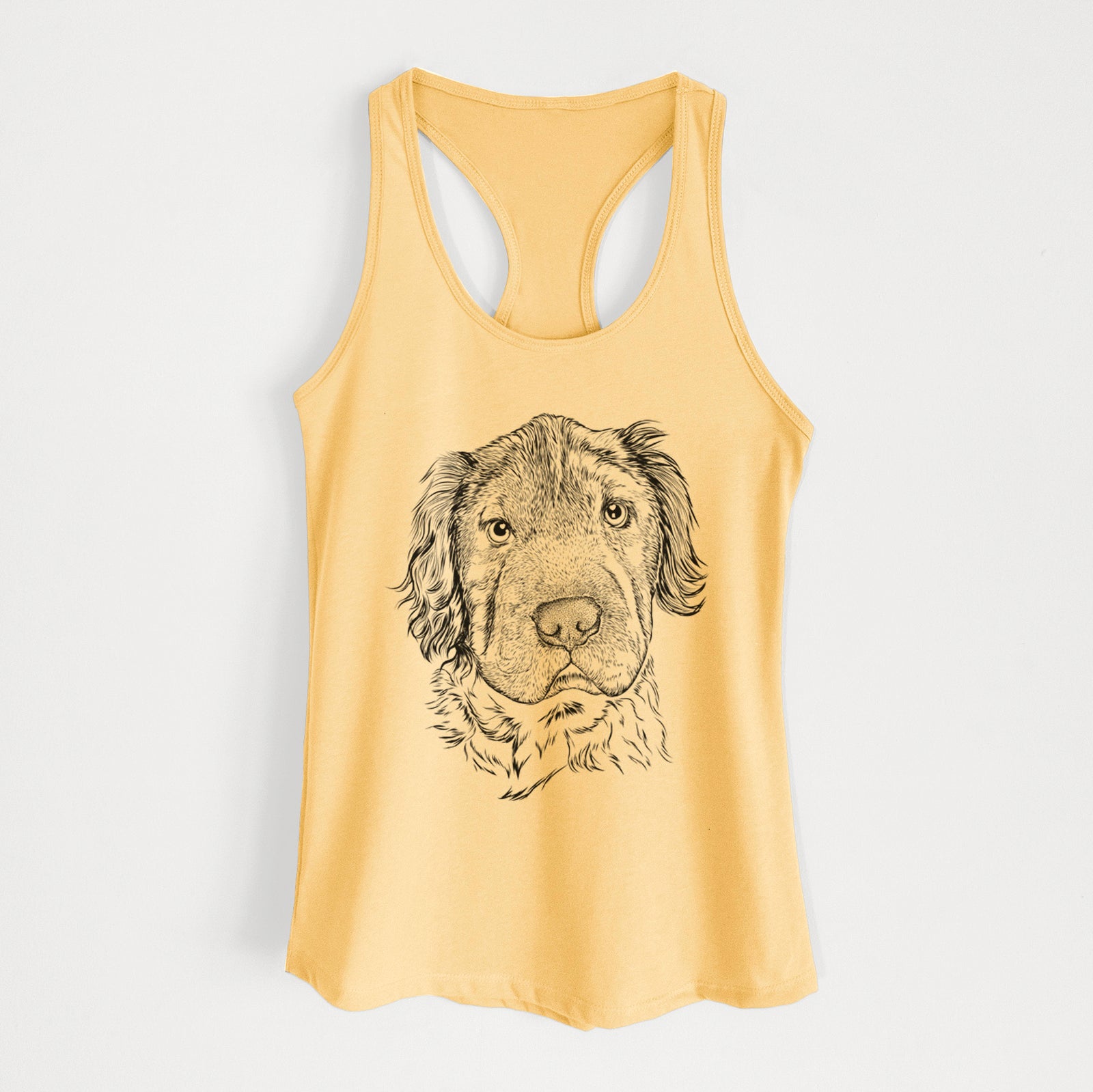 Hand-drawn sketch of Rex the Mini Hippo on a Banana Cream Women's racerback tanktop