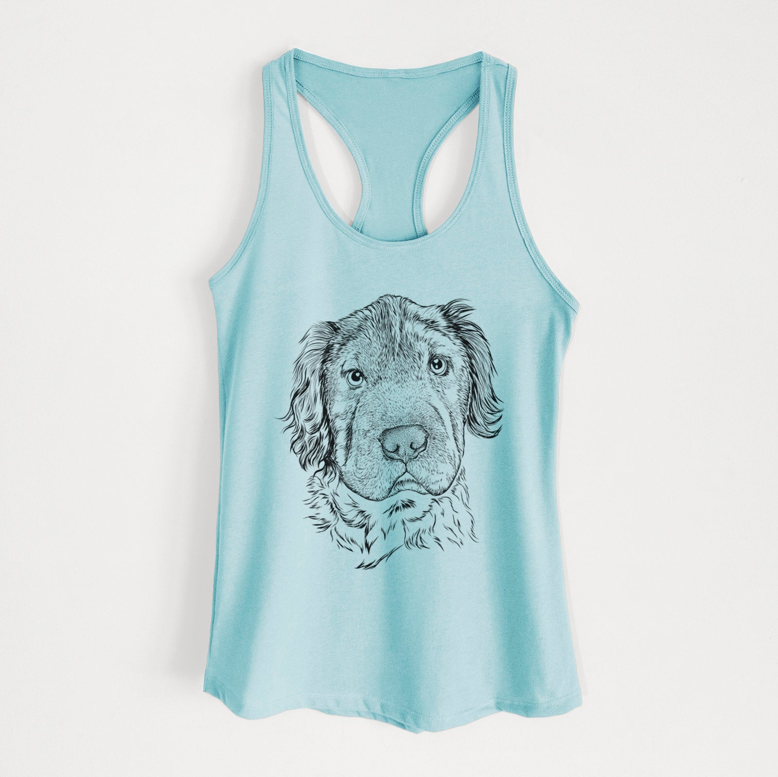 Hand-drawn sketch of Rex the Mini Hippo on a Cancun Blue Women's racerback tanktop