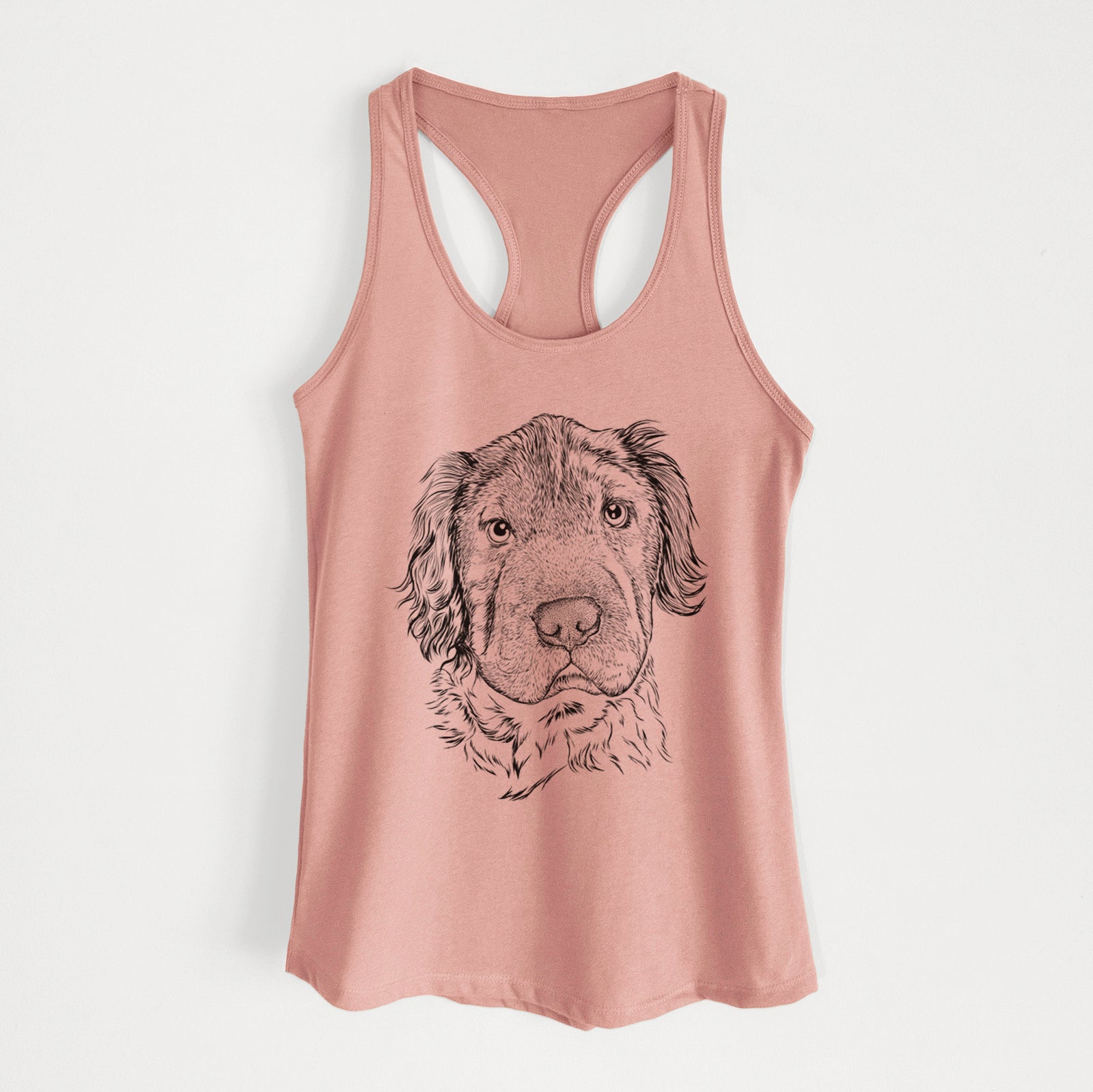 Hand-drawn sketch of Rex the Mini Hippo on a Desert Pink Women's racerback tanktop