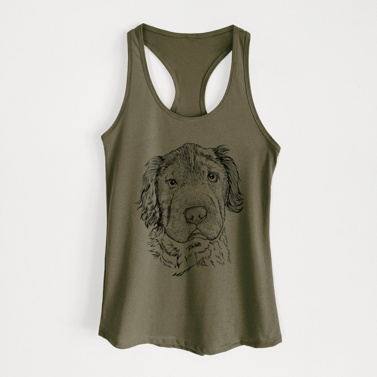 Hand-drawn sketch of Rex the Mini Hippo on a Military Green Women's racerback tanktop