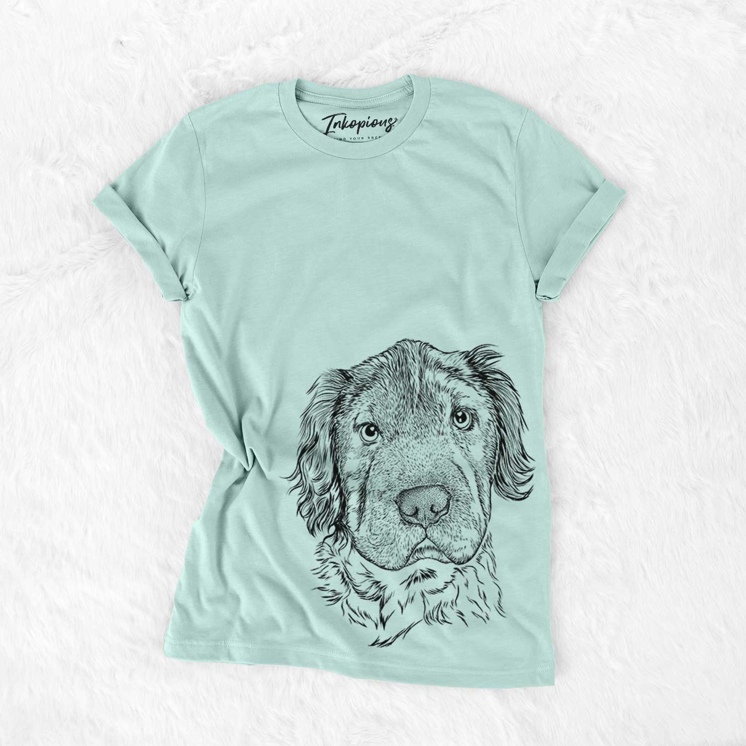 Hand-drawn sketch of Rex the Mini Hippo on a Heather Sage Bella Canvas Unisex Crewneck