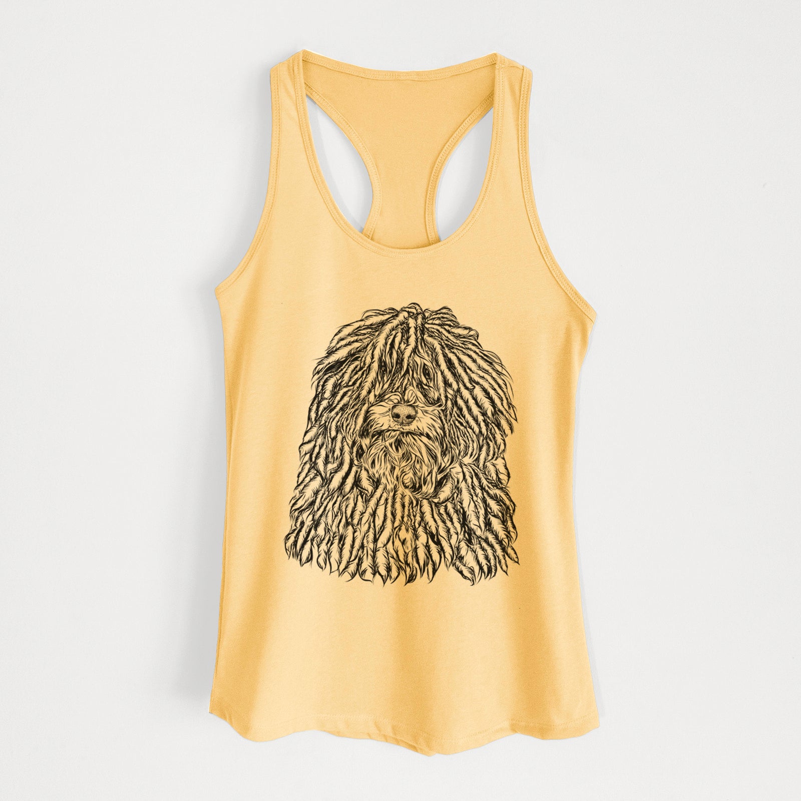 Hand-drawn sketch of Rezi the Puli on a Banana Cream Women's racerback tanktop