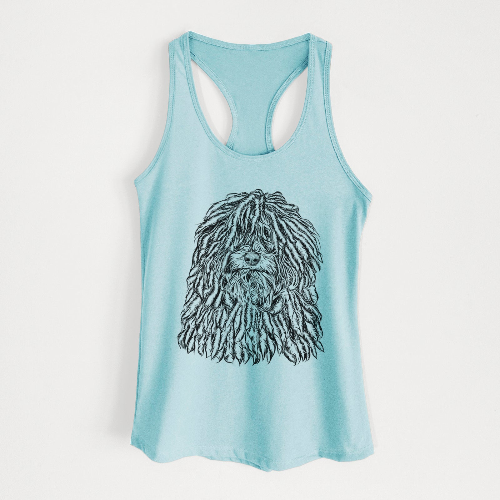 Hand-drawn sketch of Rezi the Puli on a Cancun Blue Women's racerback tanktop