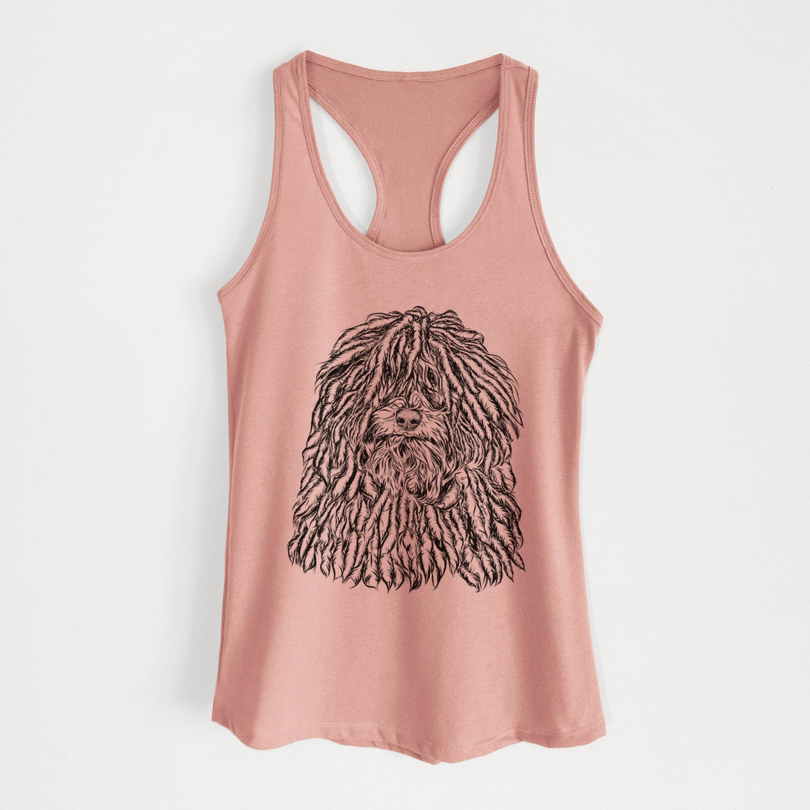 Hand-drawn sketch of Rezi the Puli on a Desert Pink Women's racerback tanktop