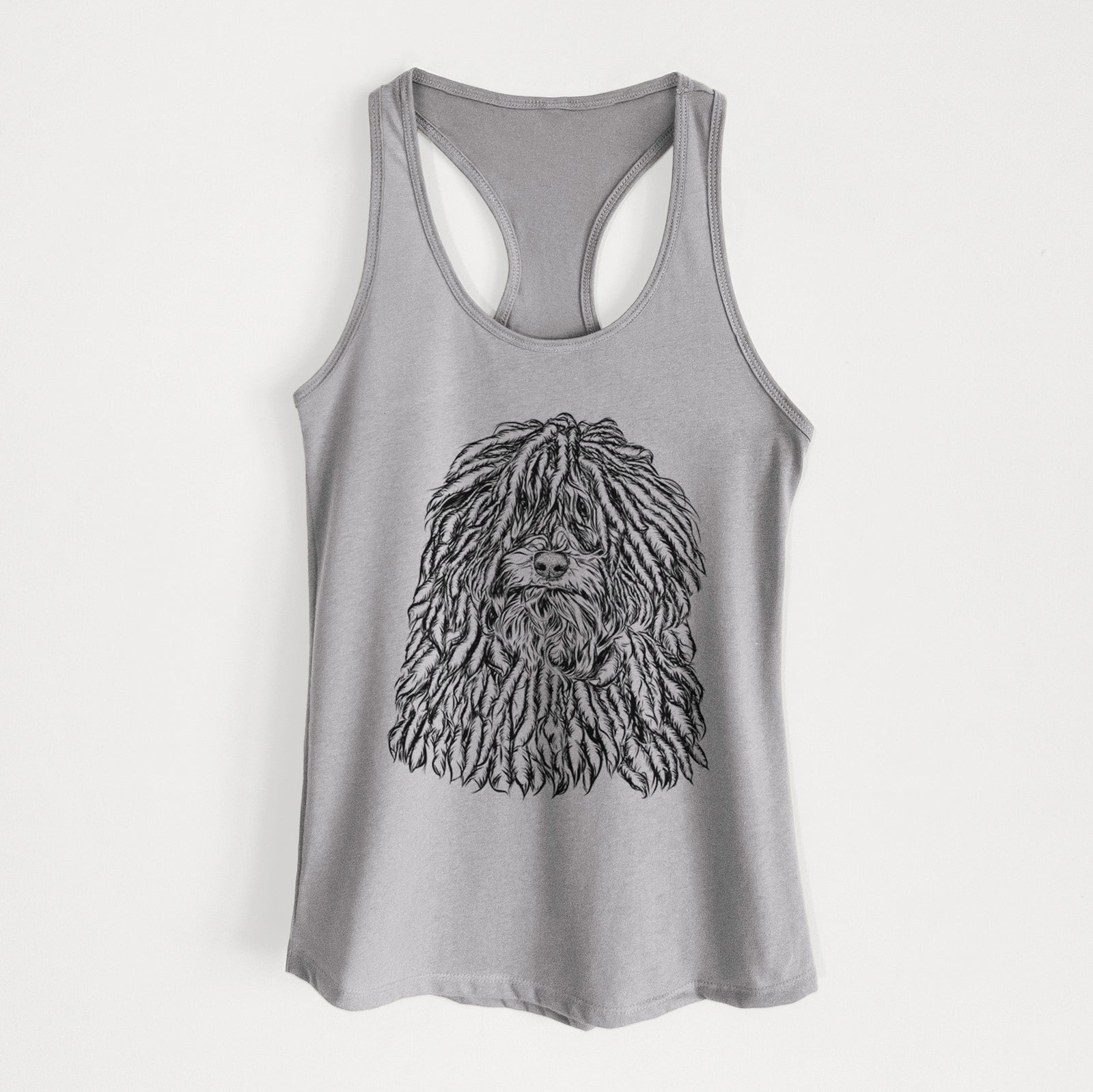 Hand-drawn sketch of Rezi the Puli on a Heather Grey Women's racerback tanktop