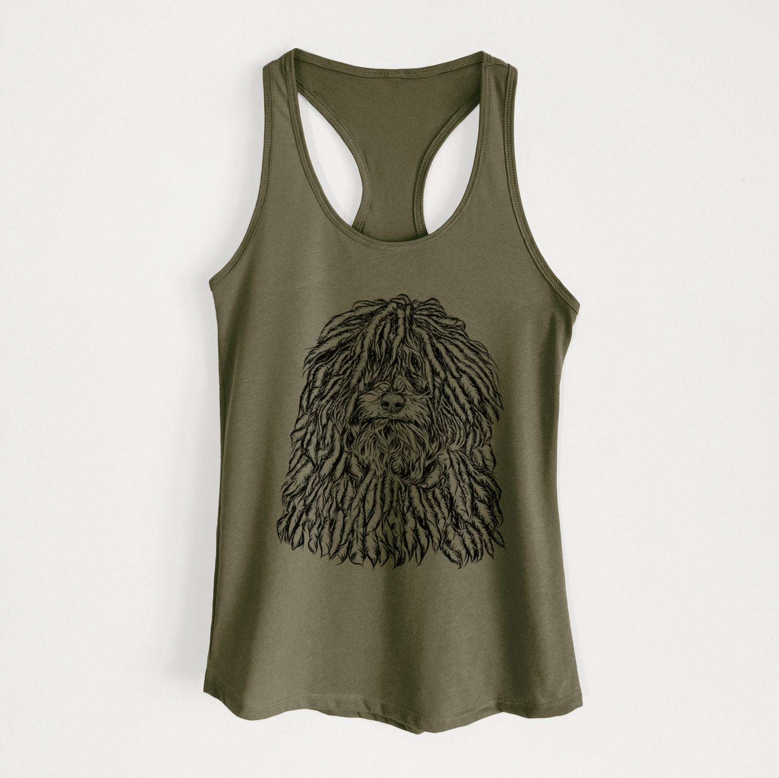 Hand-drawn sketch of Rezi the Puli on a Military Green Women's racerback tanktop