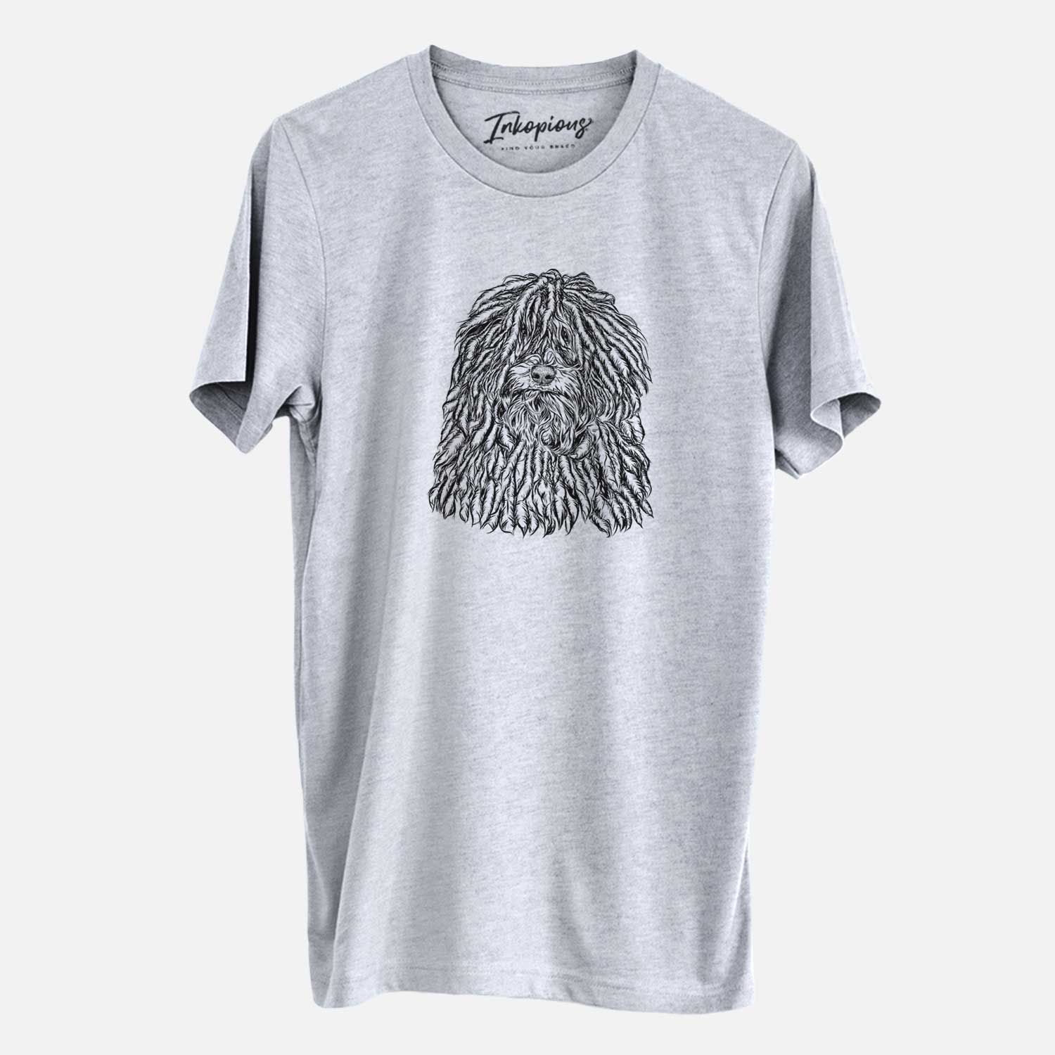 Hand-drawn sketch of Rezi the Puli on a Grey Unisex crewneck