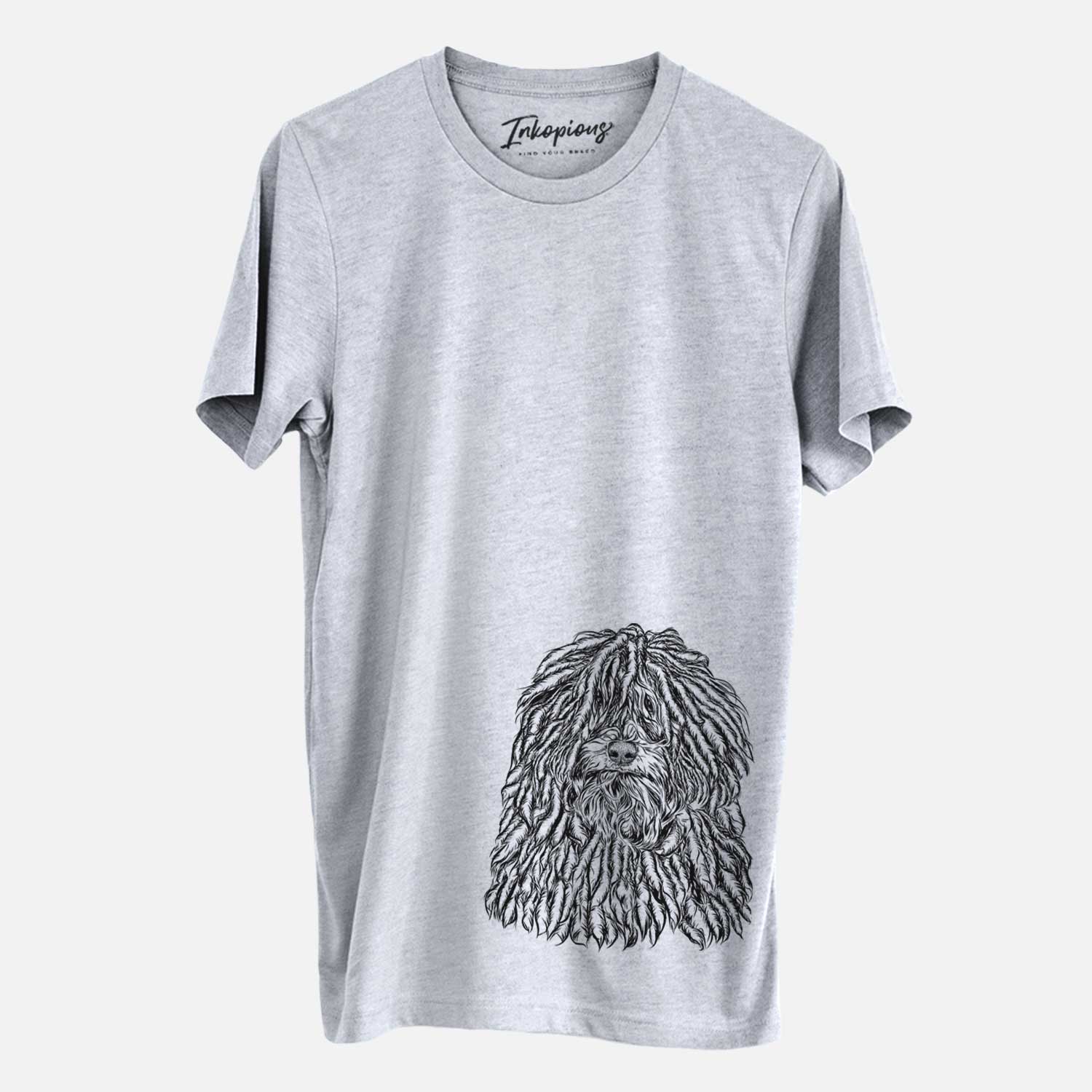 Hand-drawn sketch of Rezi the Puli on a Grey Unisex crewneck