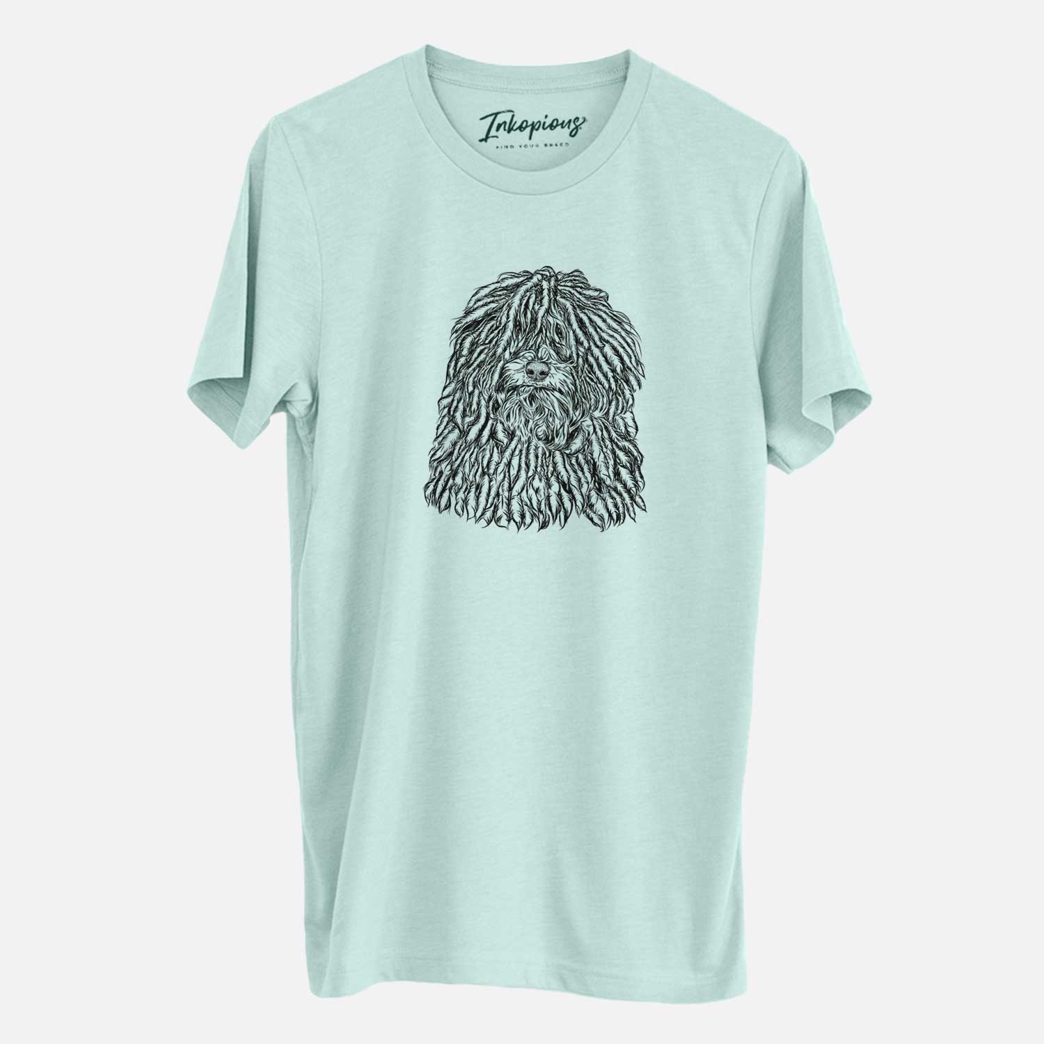 Hand-drawn sketch of Rezi the Puli on a Heather Sage Unisex crewneck