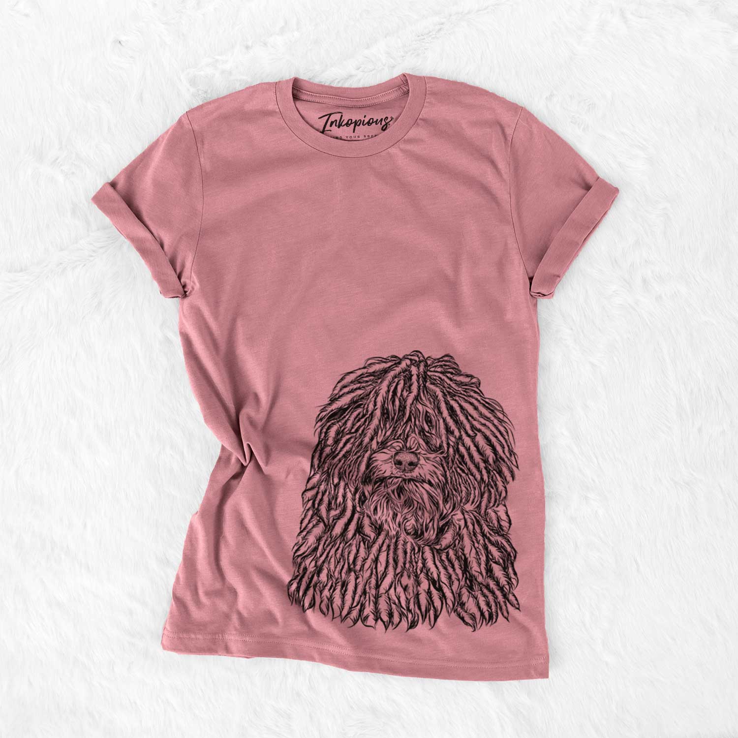 Hand-drawn sketch of Rezi the Puli on a Mauve Unisex crewneck