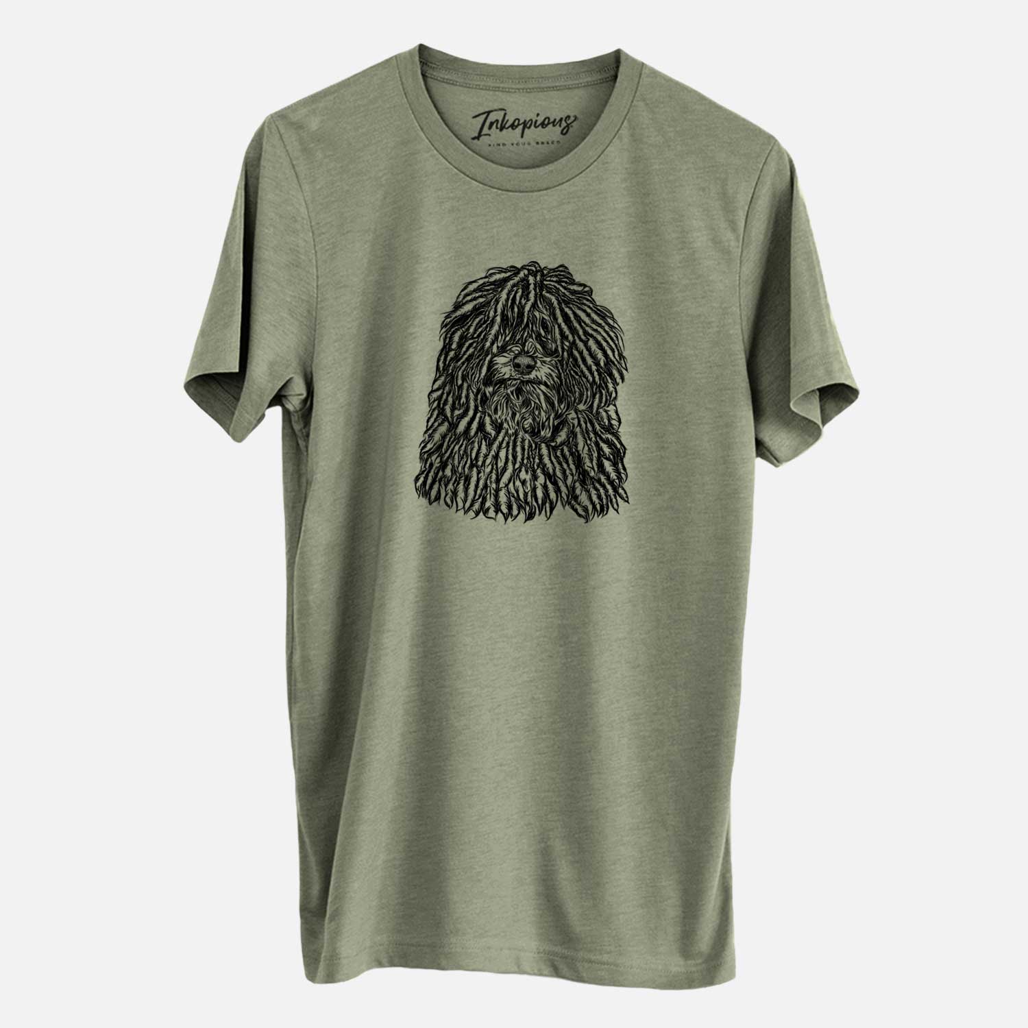 Hand-drawn sketch of Rezi the Puli on an Olive Unisex crewneck