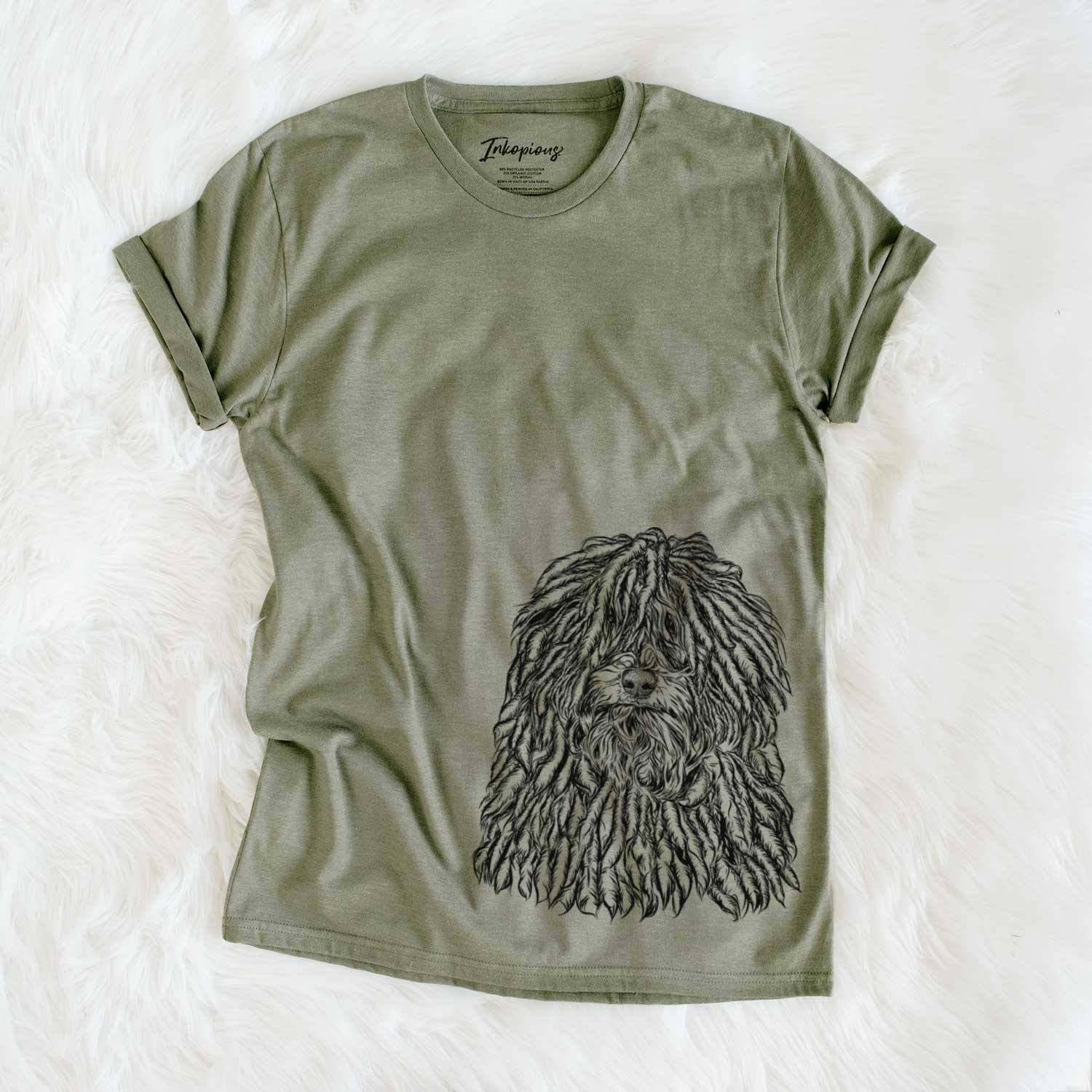Hand-drawn sketch of Rezi the Puli on an Olive Unisex crewneck