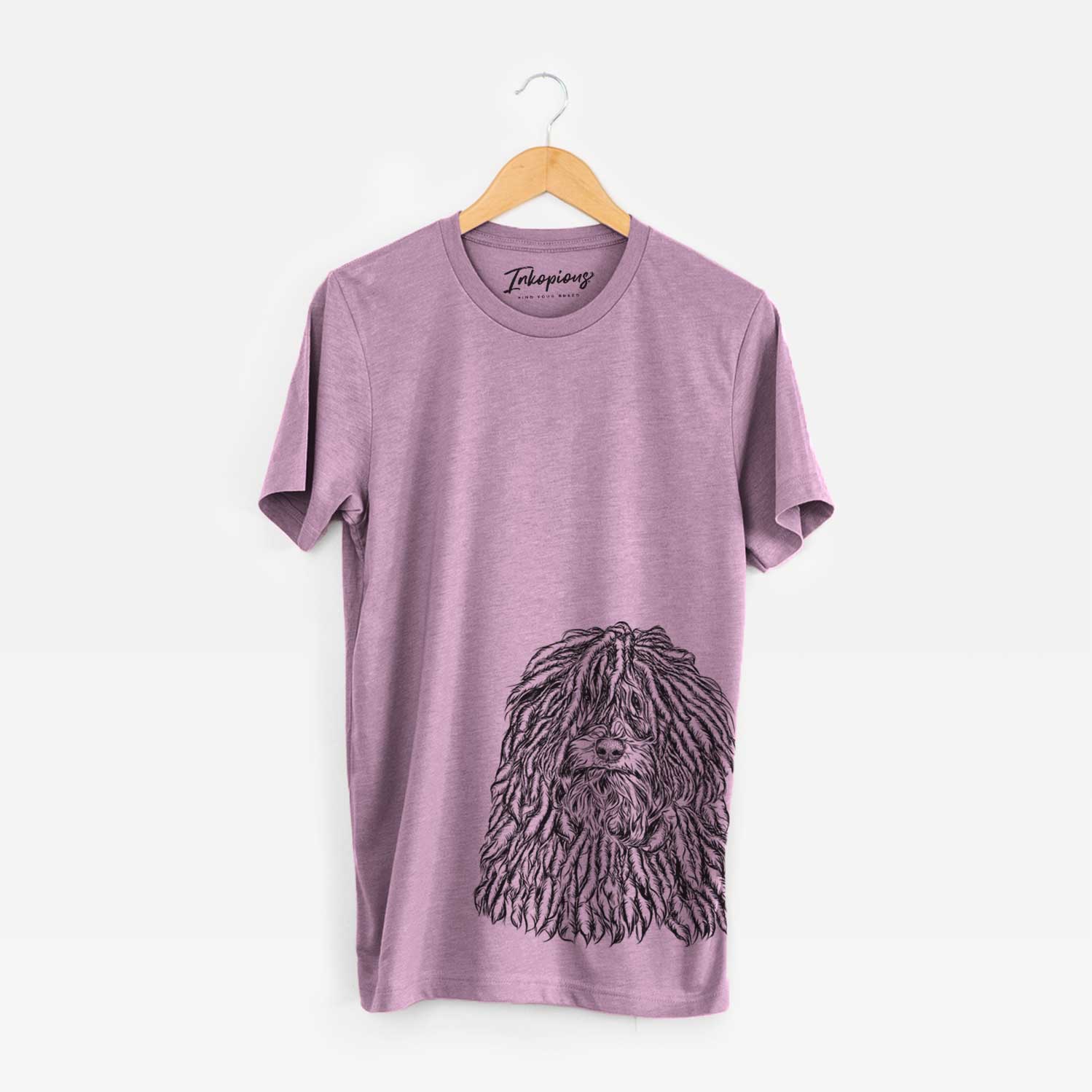 Hand-drawn sketch of Rezi the Puli on an Orchid Unisex crewneck