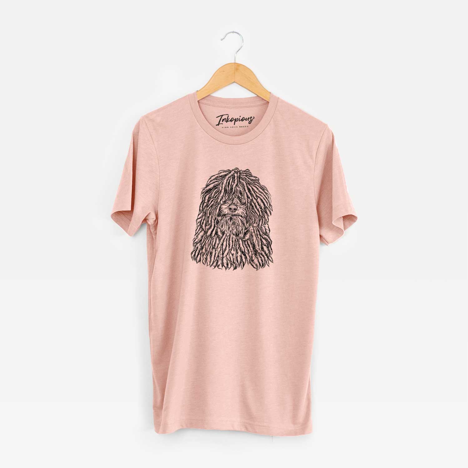 Hand-drawn sketch of Rezi the Puli on a Peach Unisex crewneck