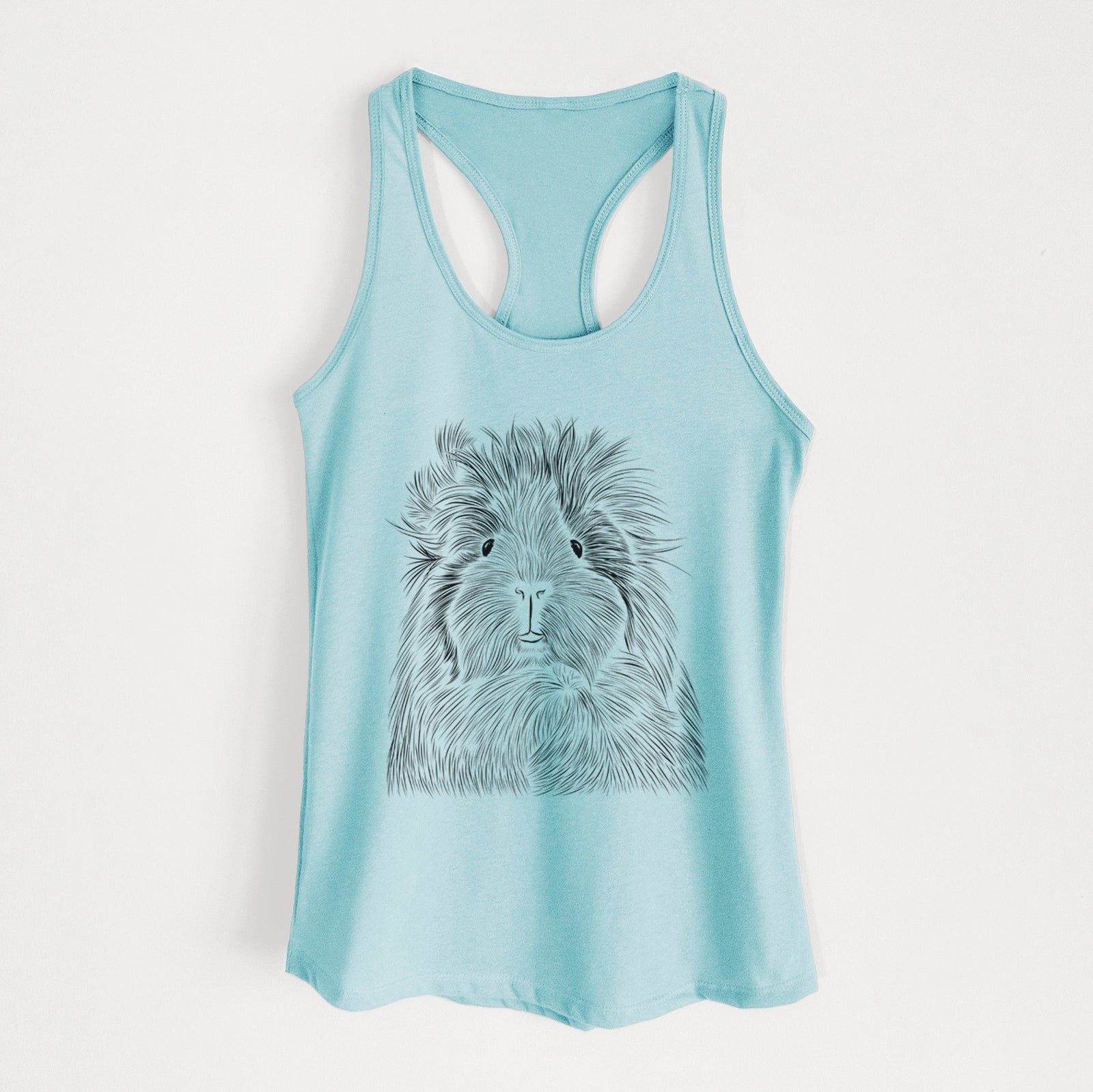 Hand-drawn sketch of Rhino the Guinea Pig on a Cancun Blue Women's racerback tanktop