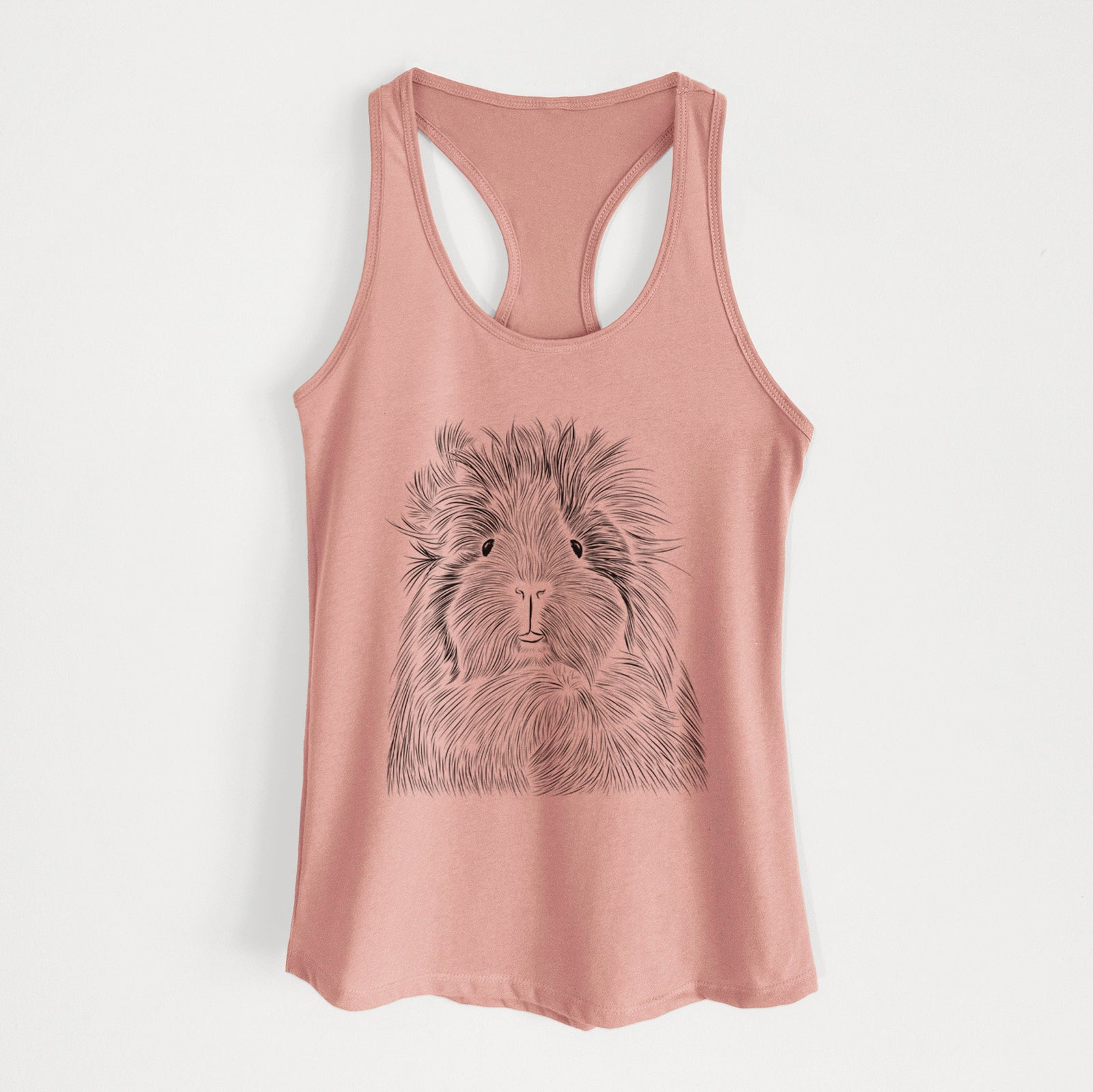 Hand-drawn sketch of Rhino the Guinea Pig on a Desert Pink Women's racerback tanktop