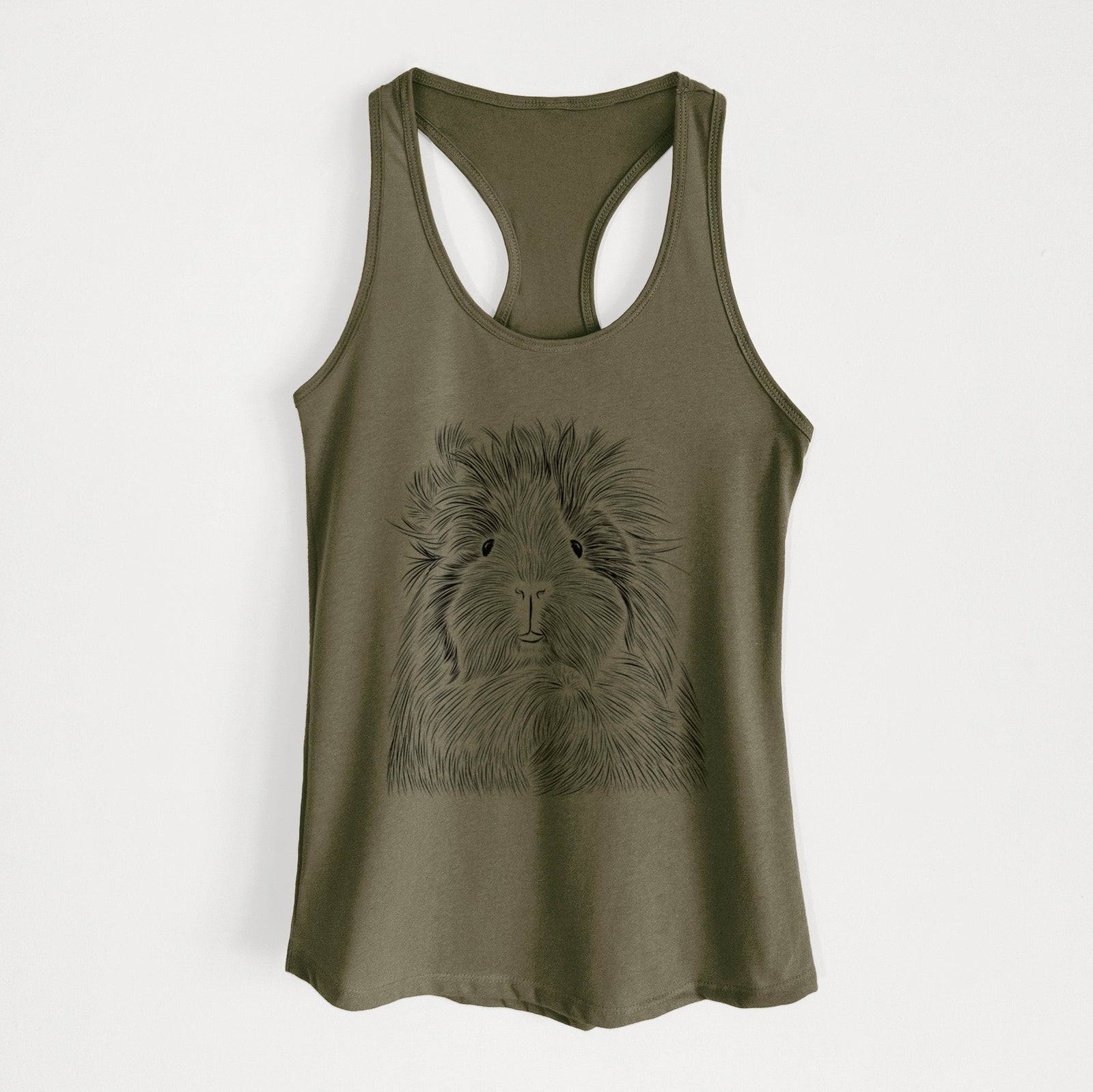 Hand-drawn sketch of Rhino the Guinea Pig on a Military Green Women's racerback tanktop