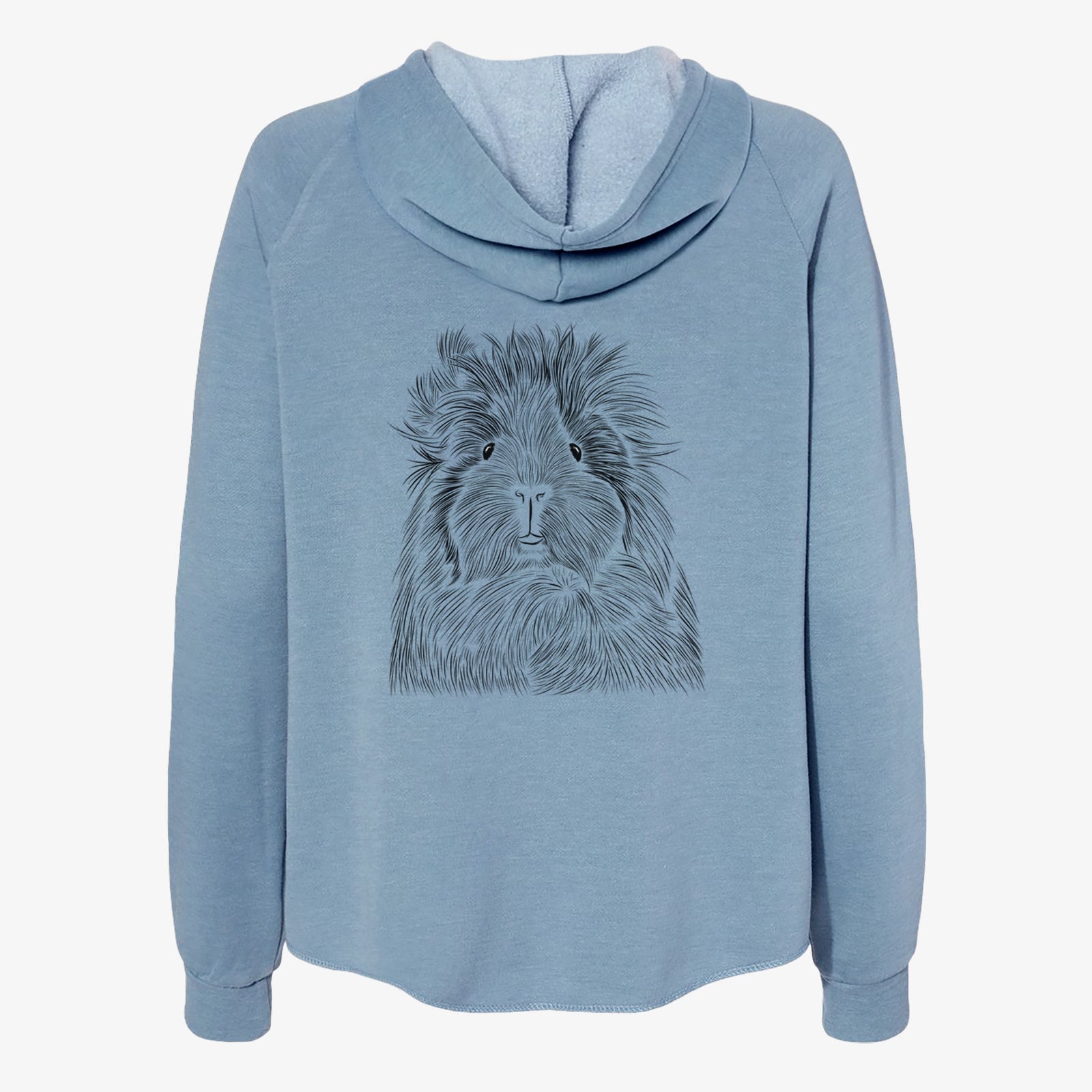 Hand-drawn sketch of Rhino the Guinea Pig on a Misty Blue Women's cali wave zip-up sweatshirt