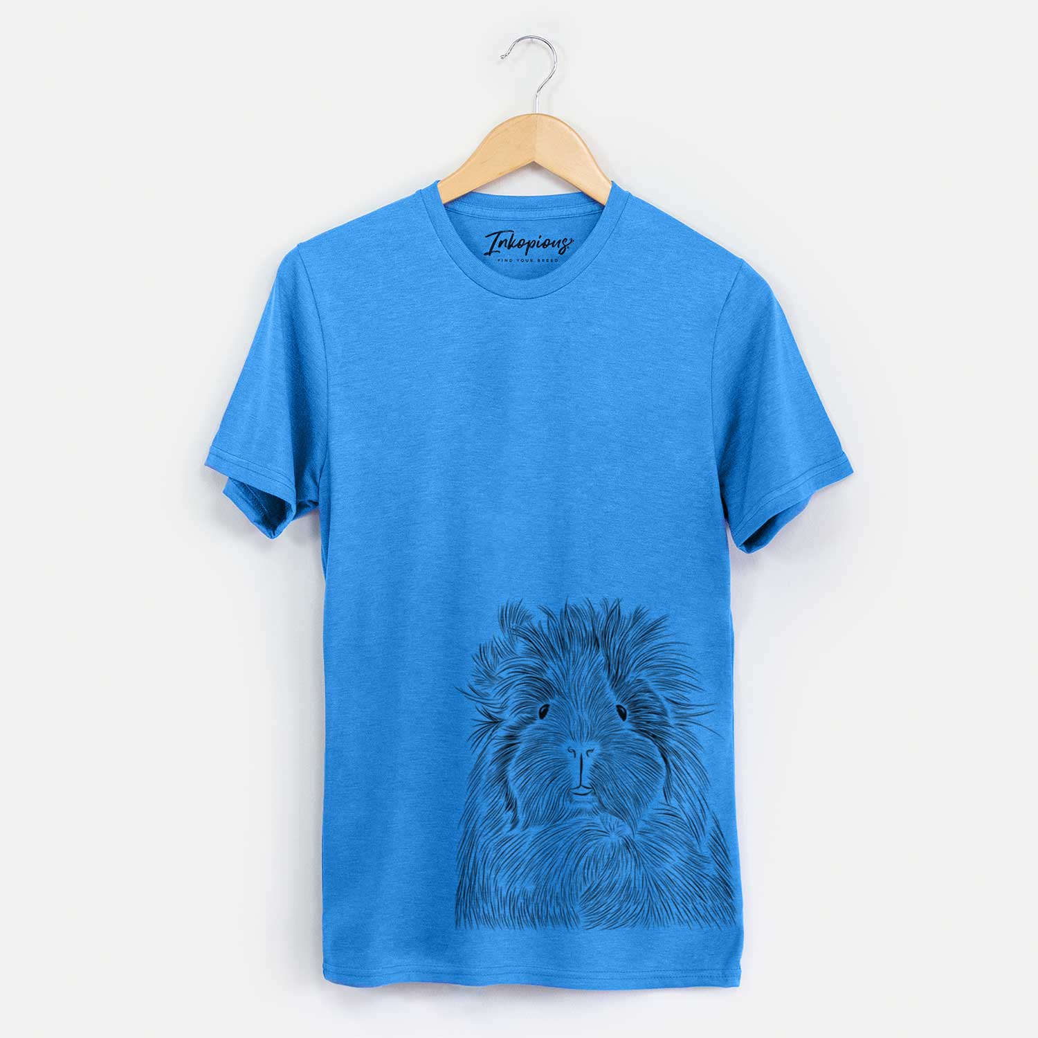 Hand-drawn sketch of Rhino the Guinea Pig on a Blue Unisex crewneck