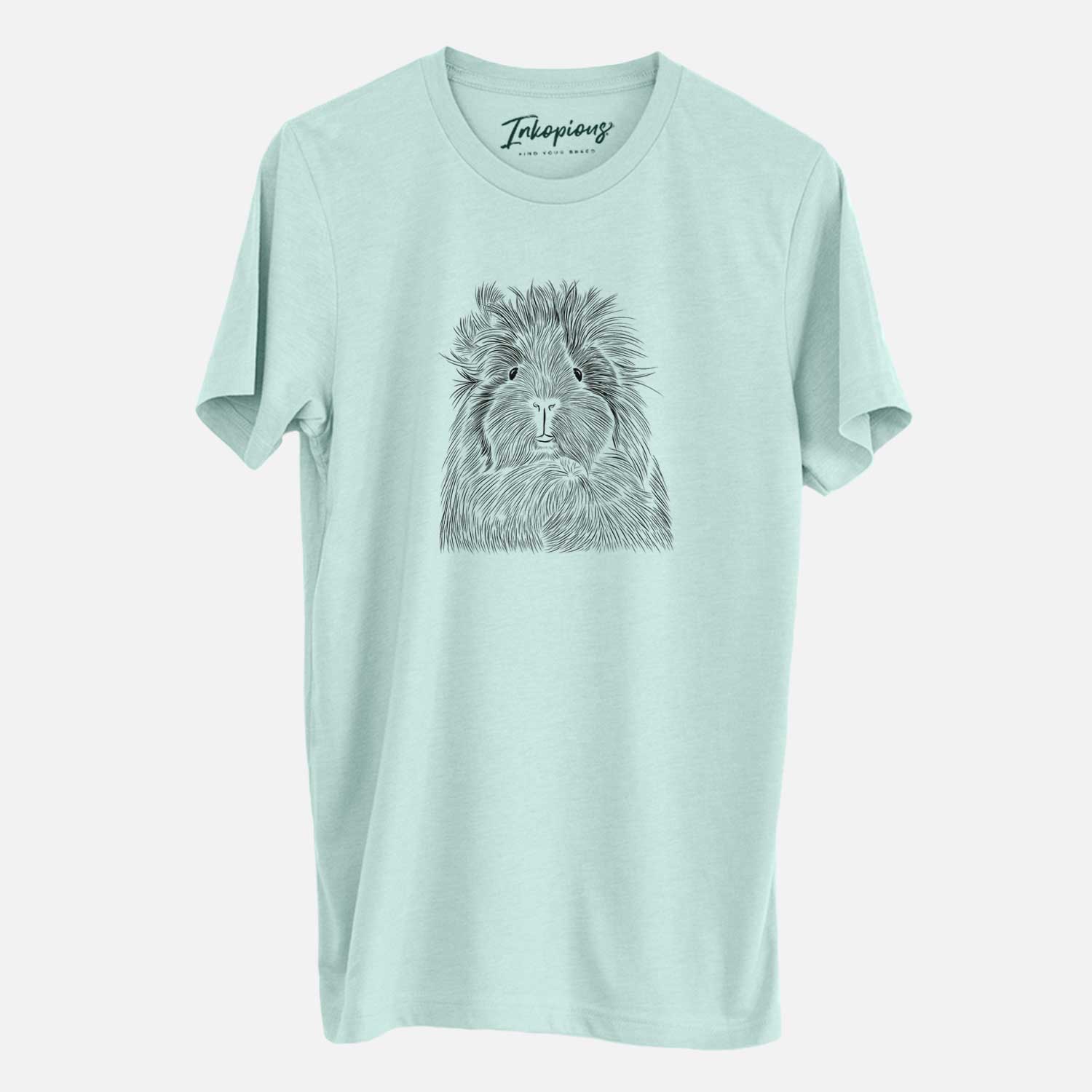 Hand-drawn sketch of Rhino the Guinea Pig on a Heather Sage Unisex crewneck