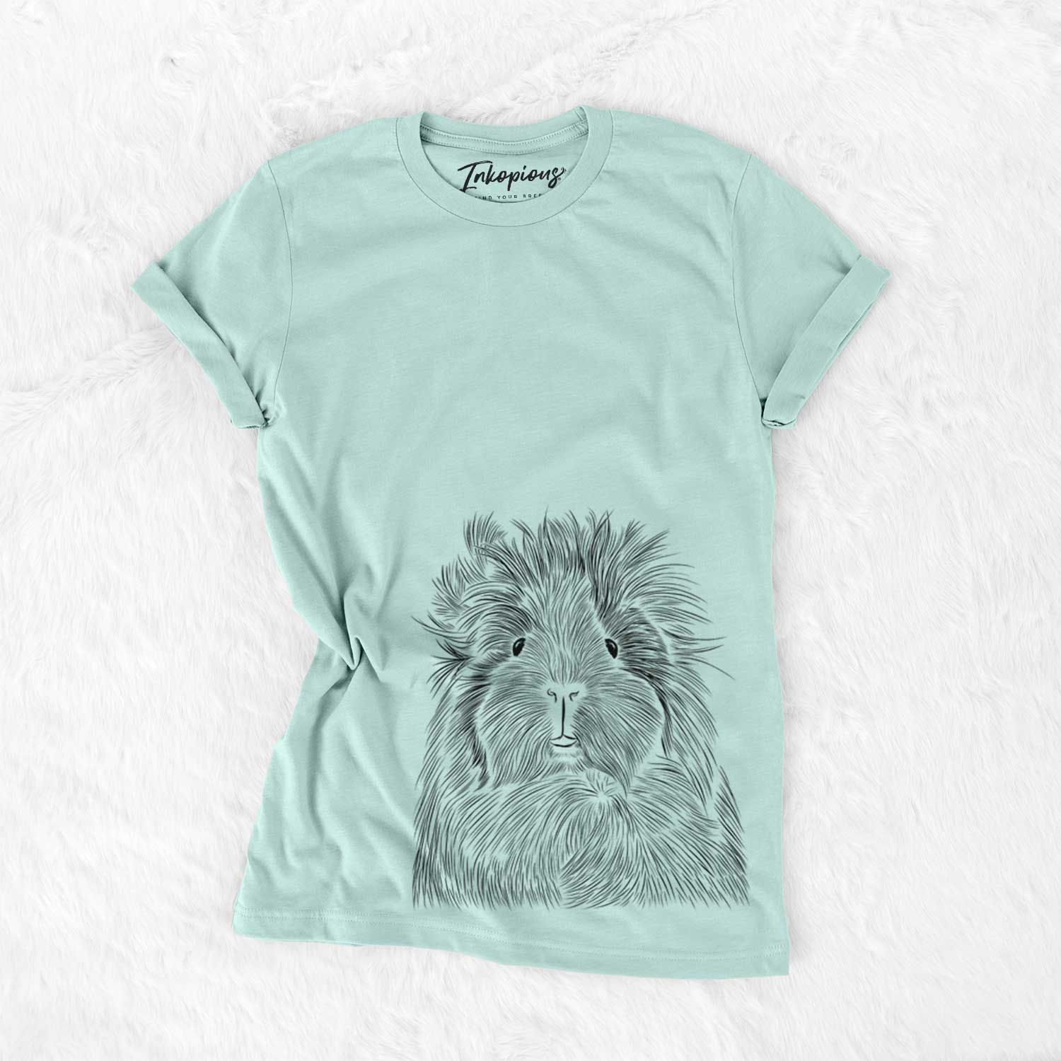 Hand-drawn sketch of Rhino the Guinea Pig on a Heather Sage Unisex crewneck