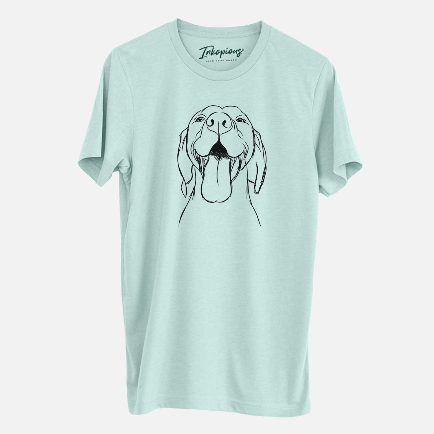 Hand-drawn sketch of Rhys the Vizsla on a Heather Sage Unisex crewneck