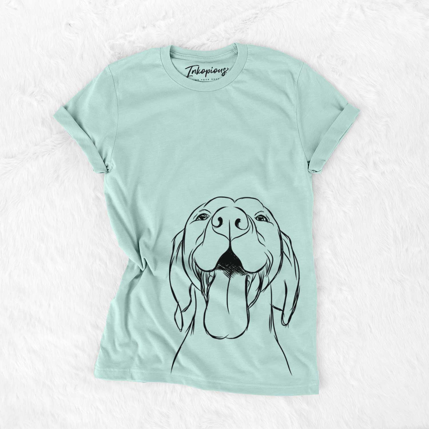 Hand-drawn sketch of Rhys the Vizsla on a Heather Sage Unisex crewneck