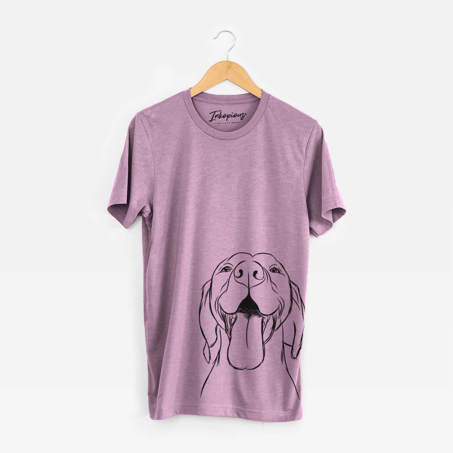 Hand-drawn sketch of Rhys the Vizsla on an Orchid Unisex crewneck