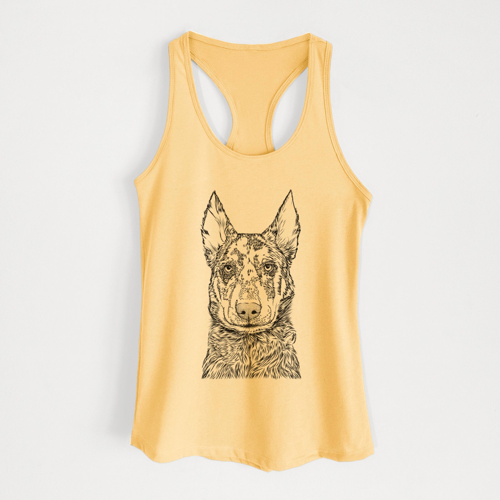 Hand-drawn sketch of Riggs the Beauceron on a Banana Cream Women's racerback tanktop