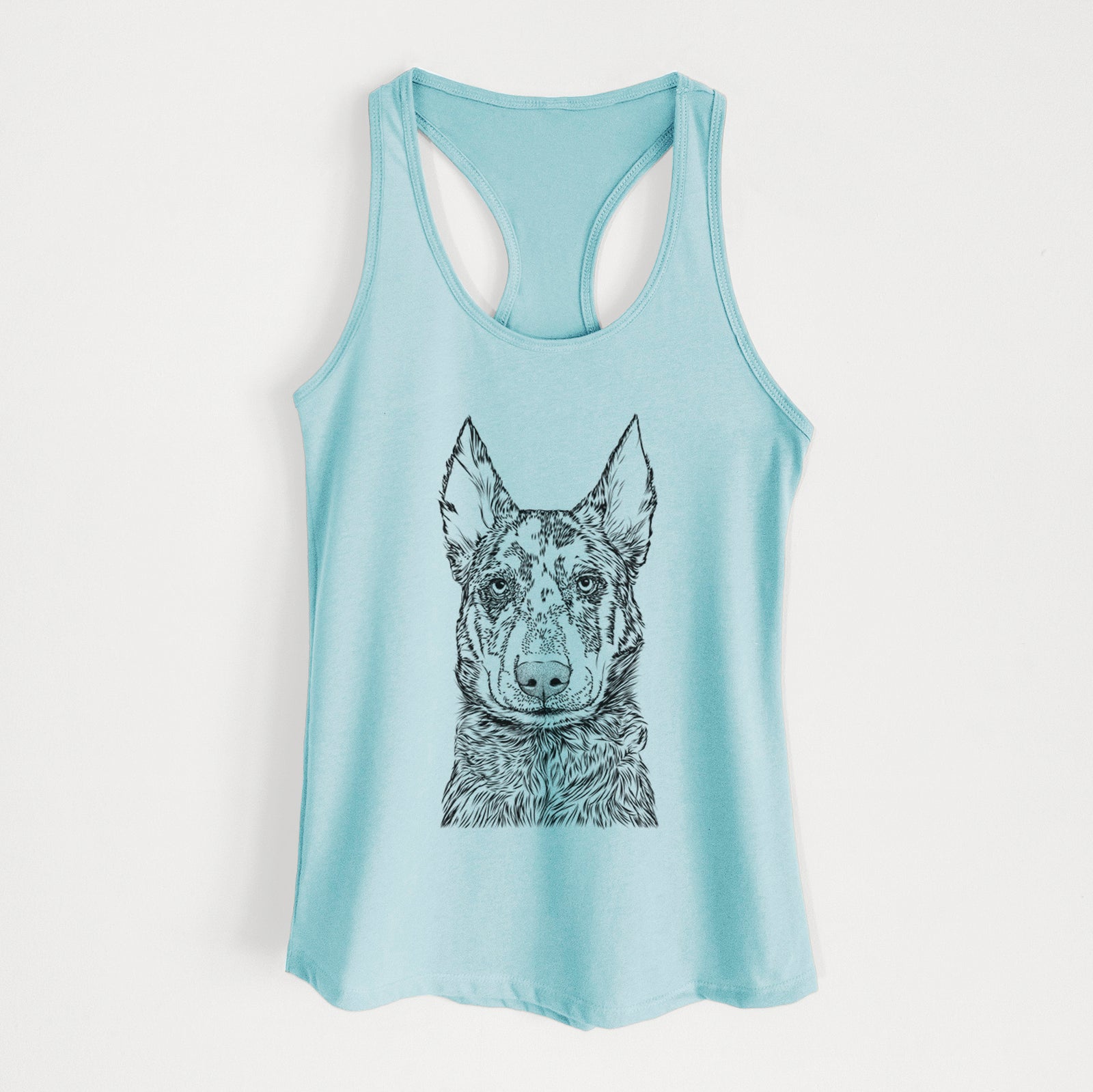 Hand-drawn sketch of Riggs the Beauceron on a Cancun Blue Women's racerback tanktop