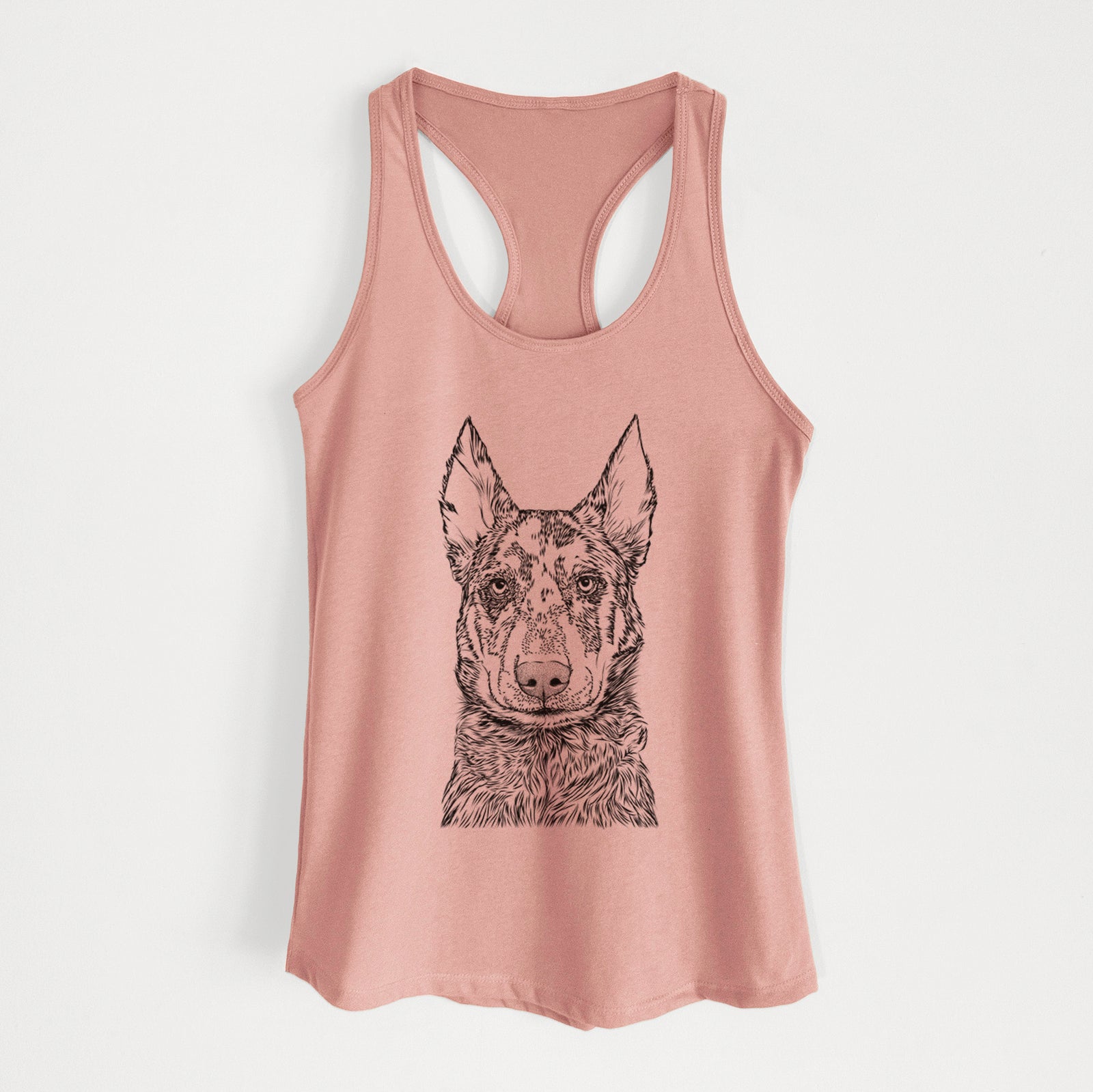 Hand-drawn sketch of Riggs the Beauceron on a Desert Pink Women's racerback tanktop
