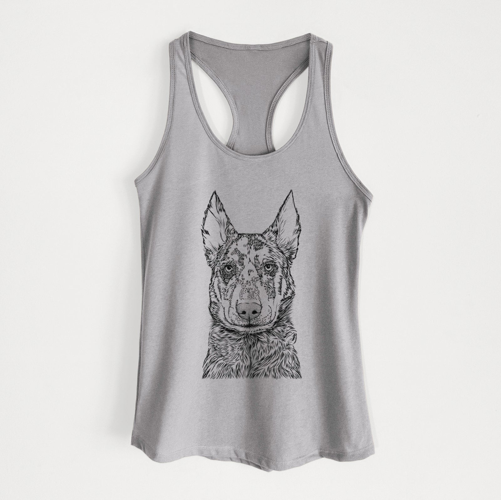 Hand-drawn sketch of Riggs the Beauceron on a Heather Grey Women's racerback tanktop