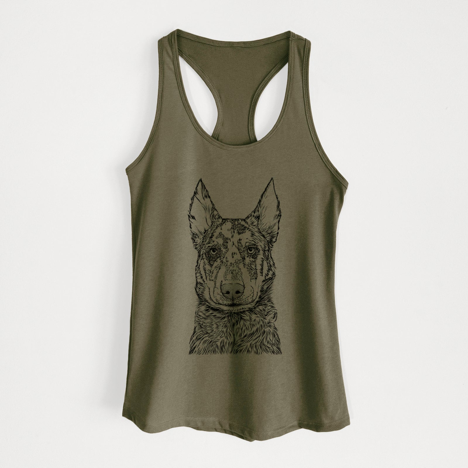 Hand-drawn sketch of Riggs the Beauceron on a Military Green Women's racerback tanktop