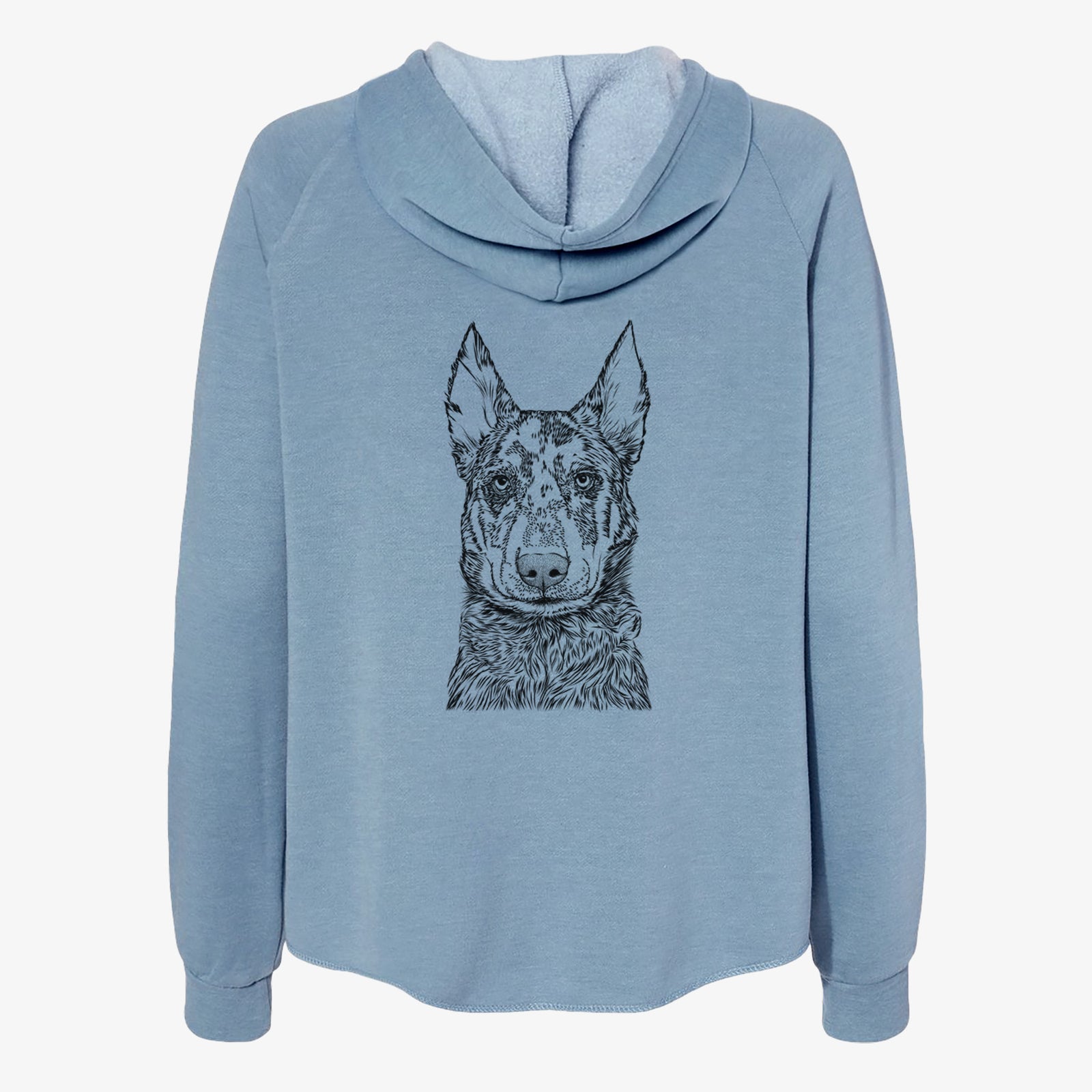 Hand-drawn sketch of Riggs the Beauceron on a Misty Blue Women's cali wave zip-up sweatshirt