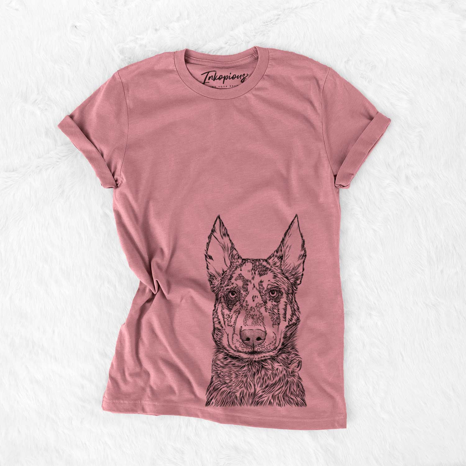 Hand-drawn sketch of Riggs the Beauceron on a Mauve Unisex crewneck
