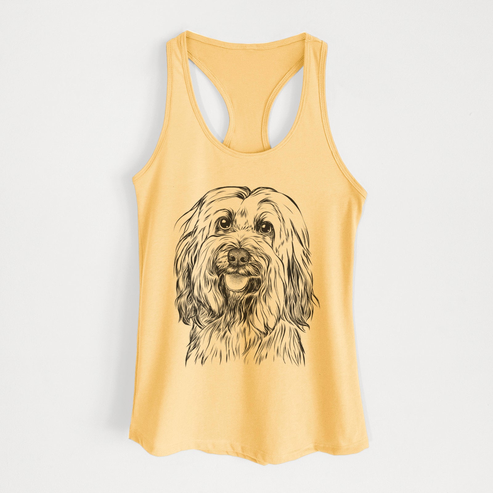 Hand-drawn sketch of Rime the Tibetan Terrier on a Banana Cream Women's racerback tanktop