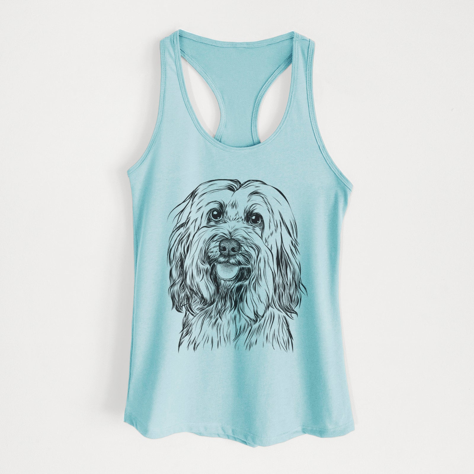 Hand-drawn sketch of Rime the Tibetan Terrier on a Cancun Blue Women's racerback tanktop