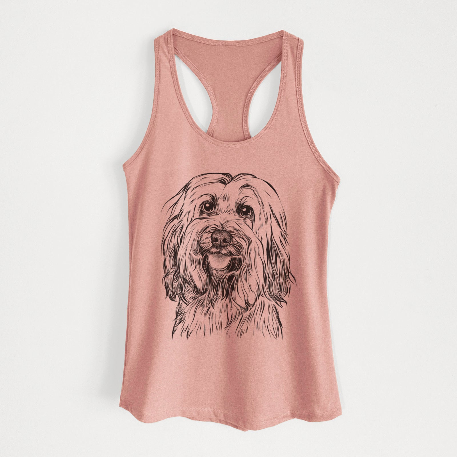Hand-drawn sketch of Rime the Tibetan Terrier on a Desert Pink Women's racerback tanktop