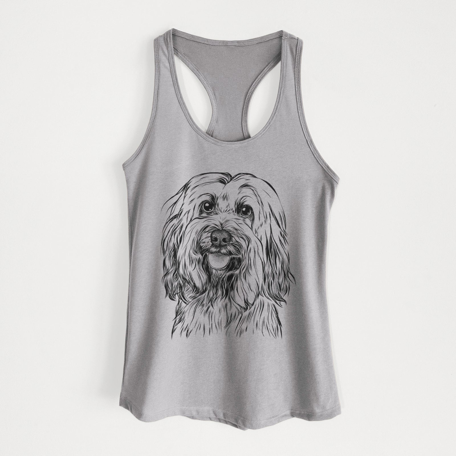 Hand-drawn sketch of Rime the Tibetan Terrier on a Heather Grey Women's racerback tanktop