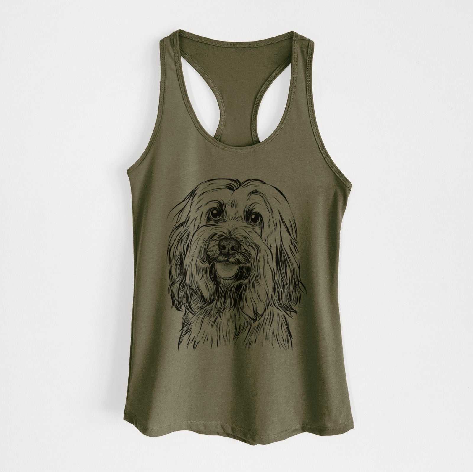 Hand-drawn sketch of Rime the Tibetan Terrier on a Military Green Women's racerback tanktop